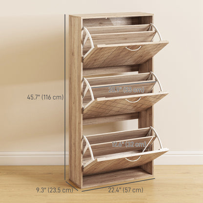 Shoe Storage Cabinet with 3 Flip Drawers, Narrow and Slim, 12 Pair of Shoes Organizer for Hallway, Entryway, Nature Wood