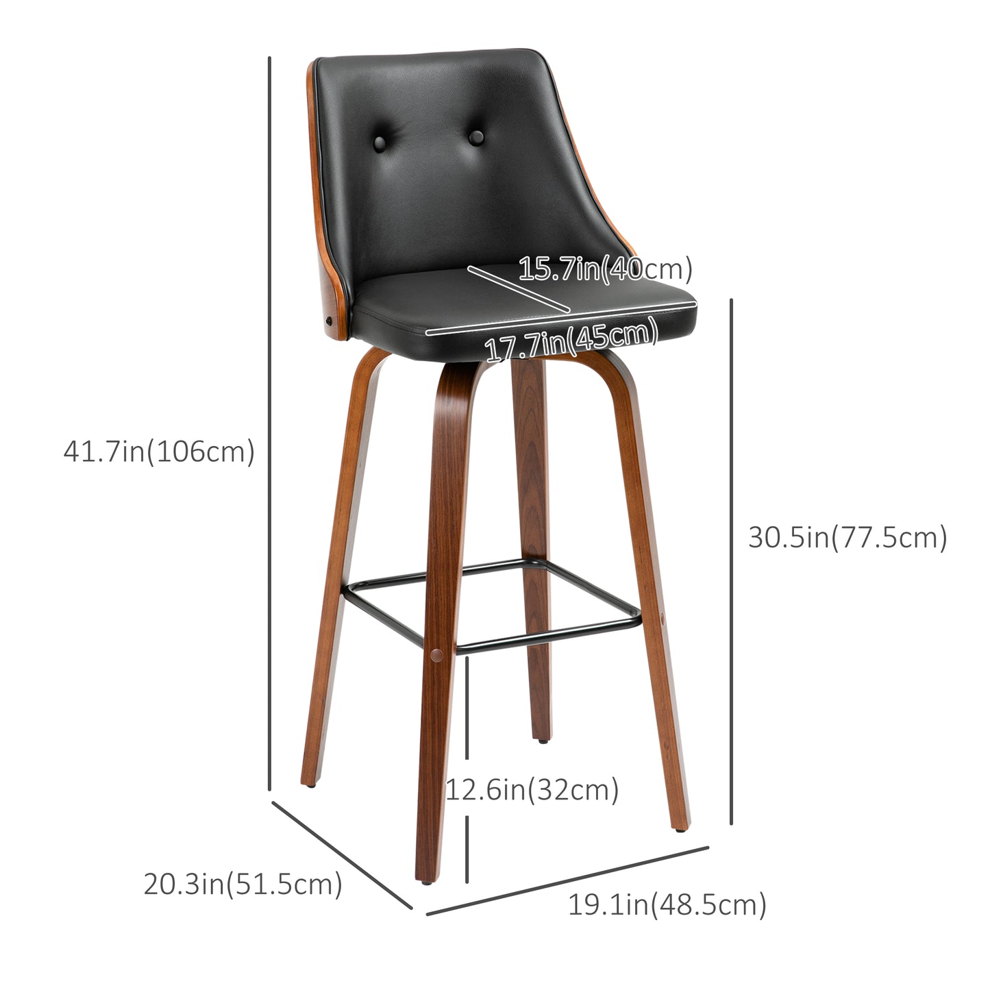 Bar Height Bar Stools Set of 2, PU Leather Upholstered Swivel Barstools with Solid Wood Legs Footrest and Tufted Back, B