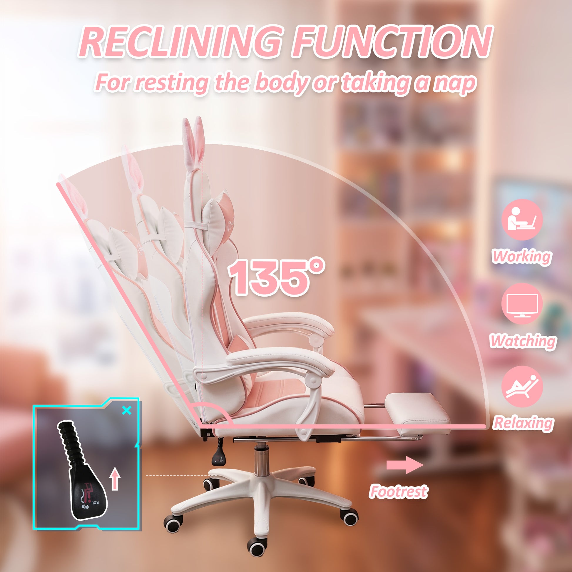 Cute Racing Gamer Chair, PU Leather Gaming Chair with Footrest, Headrest and Lumbar Support, Pink