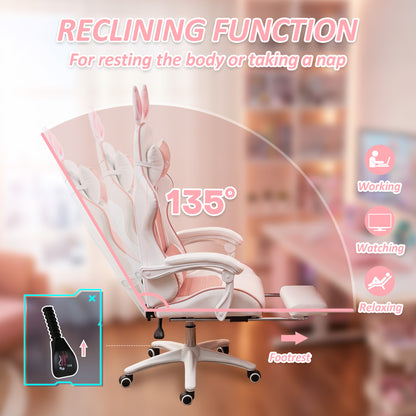 Cute Racing Gamer Chair, PU Leather Gaming Chair with Footrest, Headrest and Lumbar Support, Pink