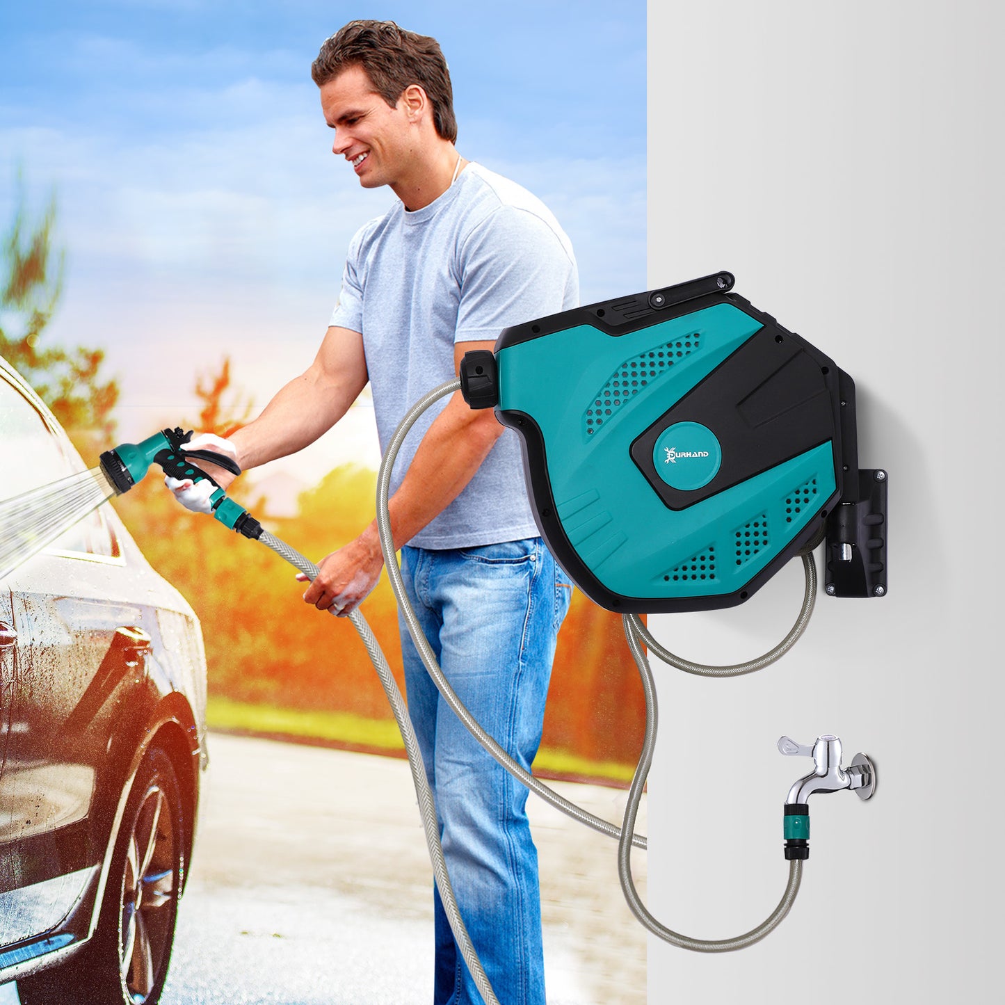 Retractable Garden Hose Reel 1/2" x 49 ft Wall Mounted with Automatic Rewind, 180° Swivel Bracket, Any Length Lock, 7 Pa