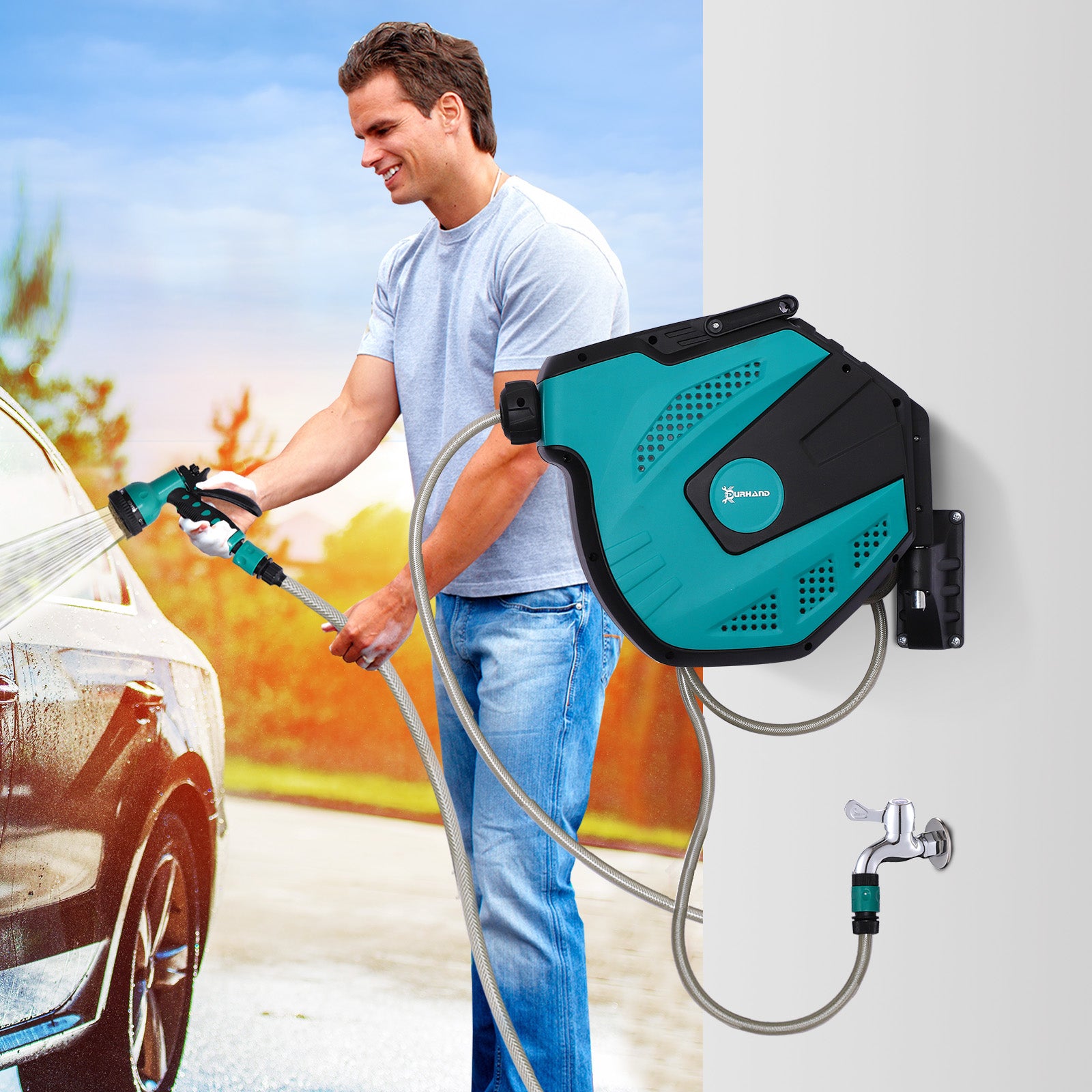 Retractable Garden Hose Reel 1/2" x 49 ft Wall Mounted with Automatic Rewind, 180° Swivel Bracket, Any Length Lock, 7 Pa