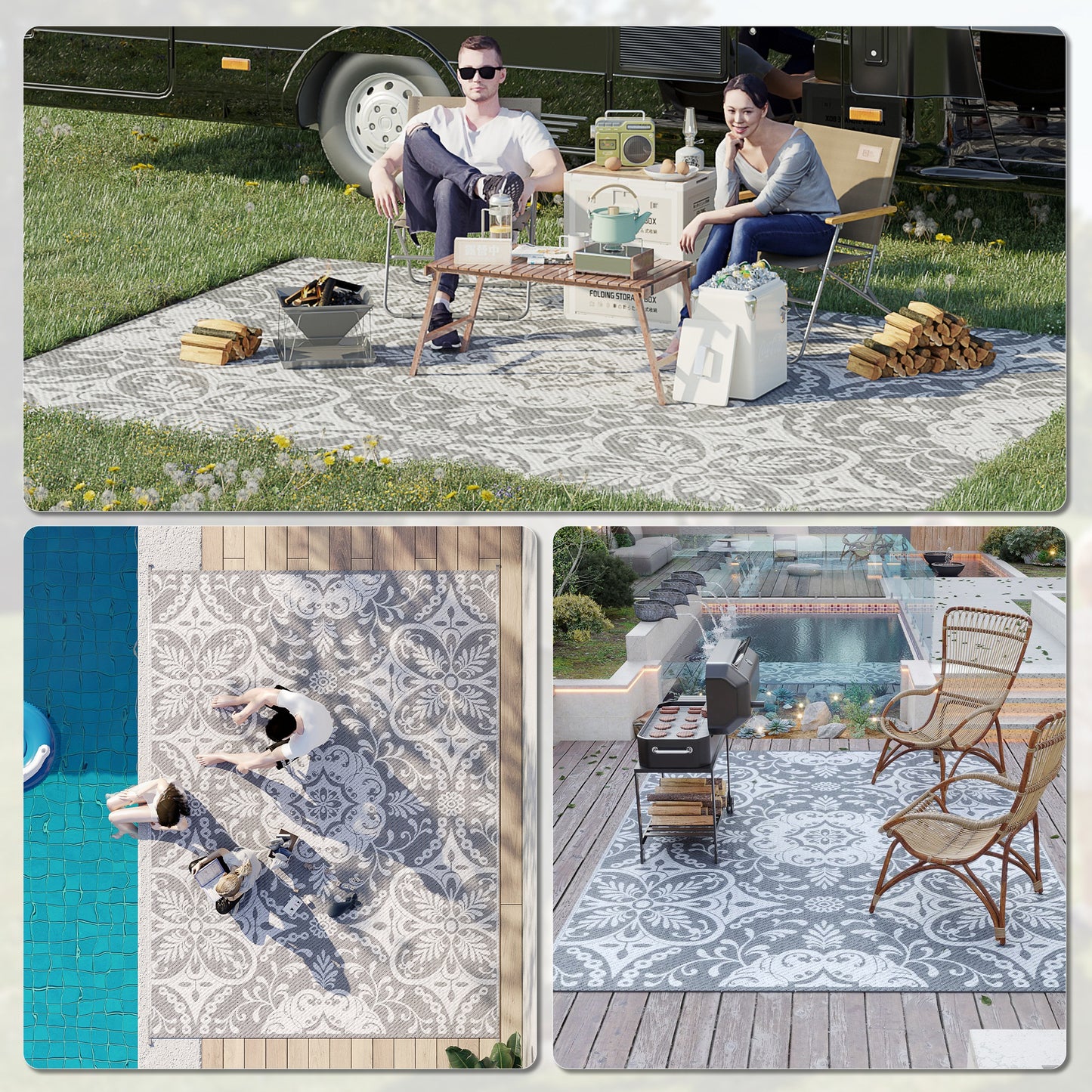 Portable Outdoor Rug with Carry Bag, 9' x 12' Reversible Mat, Waterproof Plastic Straw RV Rug for Backyard, Deck, Picnic