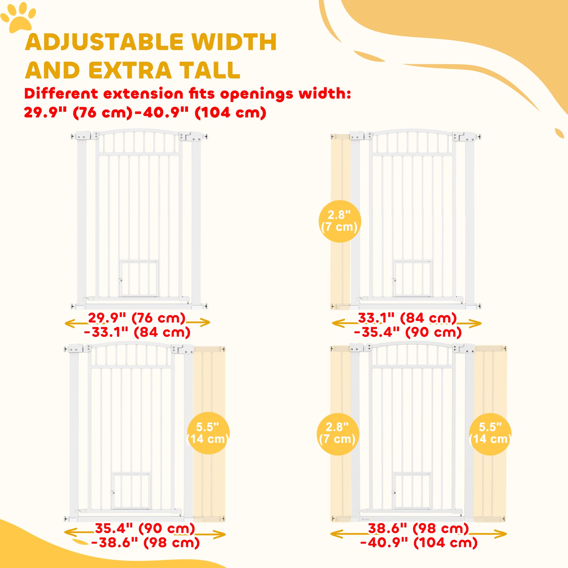 30"-41" Extra Wide Pet Gate with Small Door, 42" H Dog Gate with 3-Inch and 5.5-Inch Extension Kit