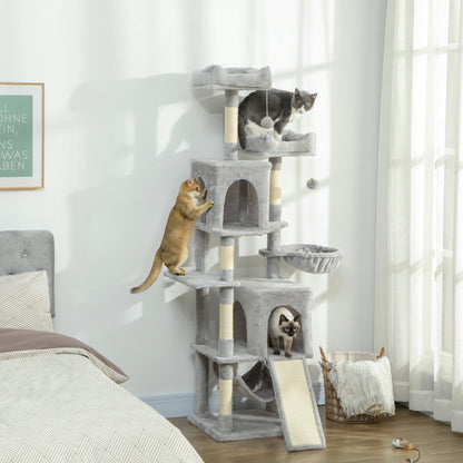 Cat Tree, 70" Multi-Level Cat Tower with 2 Condos, 2 Beds, Hammock, Toy Balls, Scratching Posts and Board, Light Grey