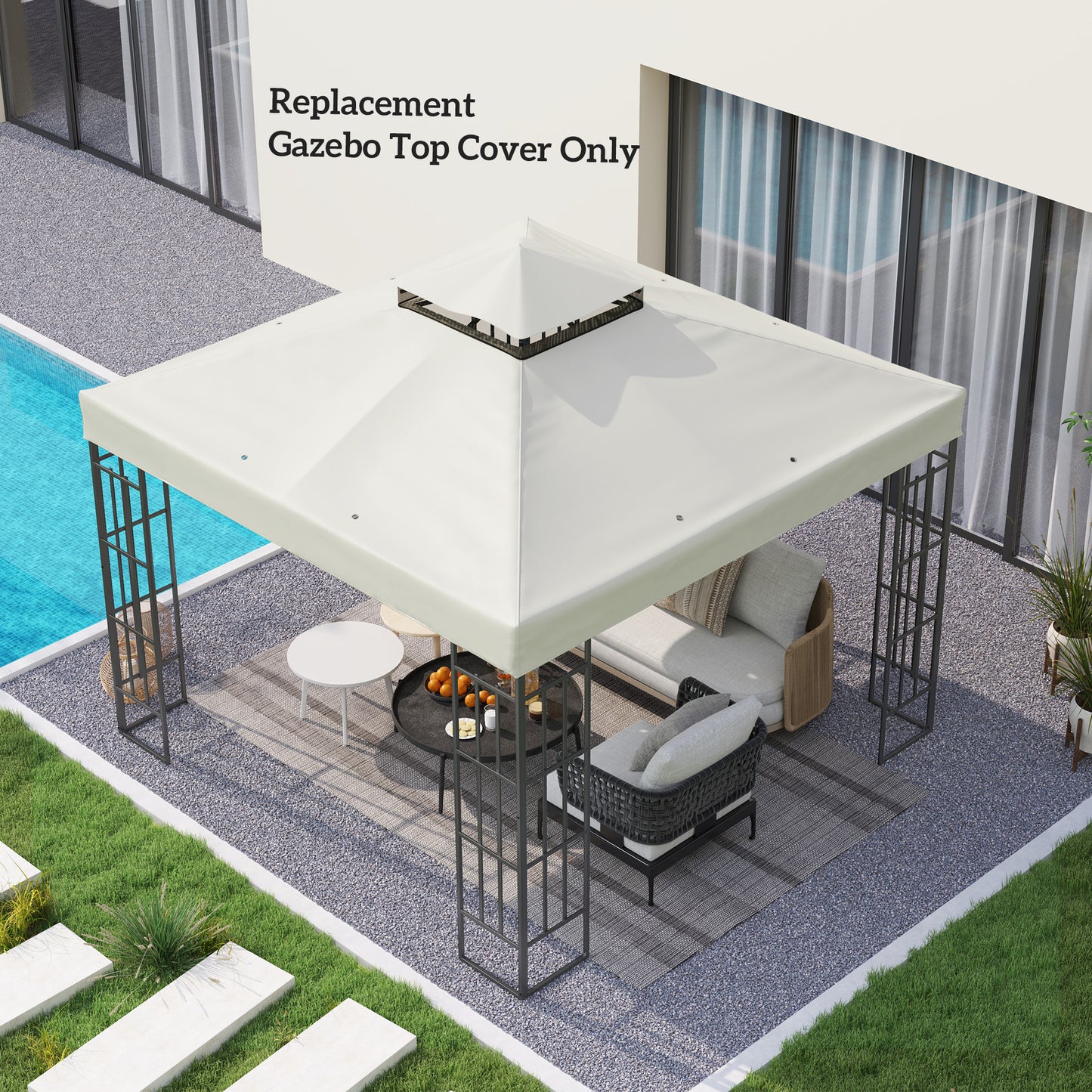 10' x 10' Gazebo Canopy Replacement Cover, 2-Tier Garden Gazebo Roof Replacement, UPF30+, TOP COVER ONLY, Light Grey