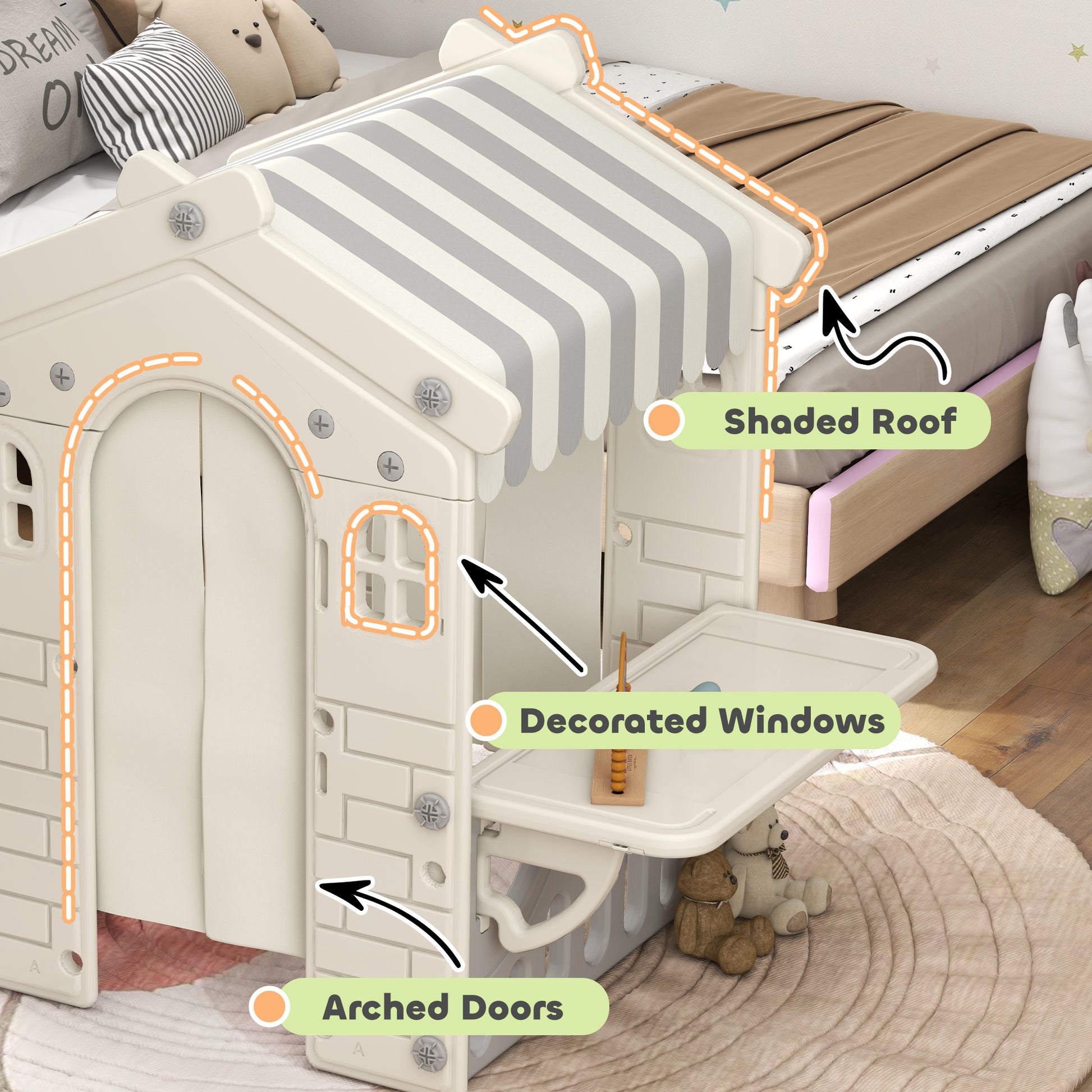 Qaba Kids Playhouse, Indoor Sleek Play House Cottage Pretend Role Games, with Arched Doors, for Ages 1-6 Years