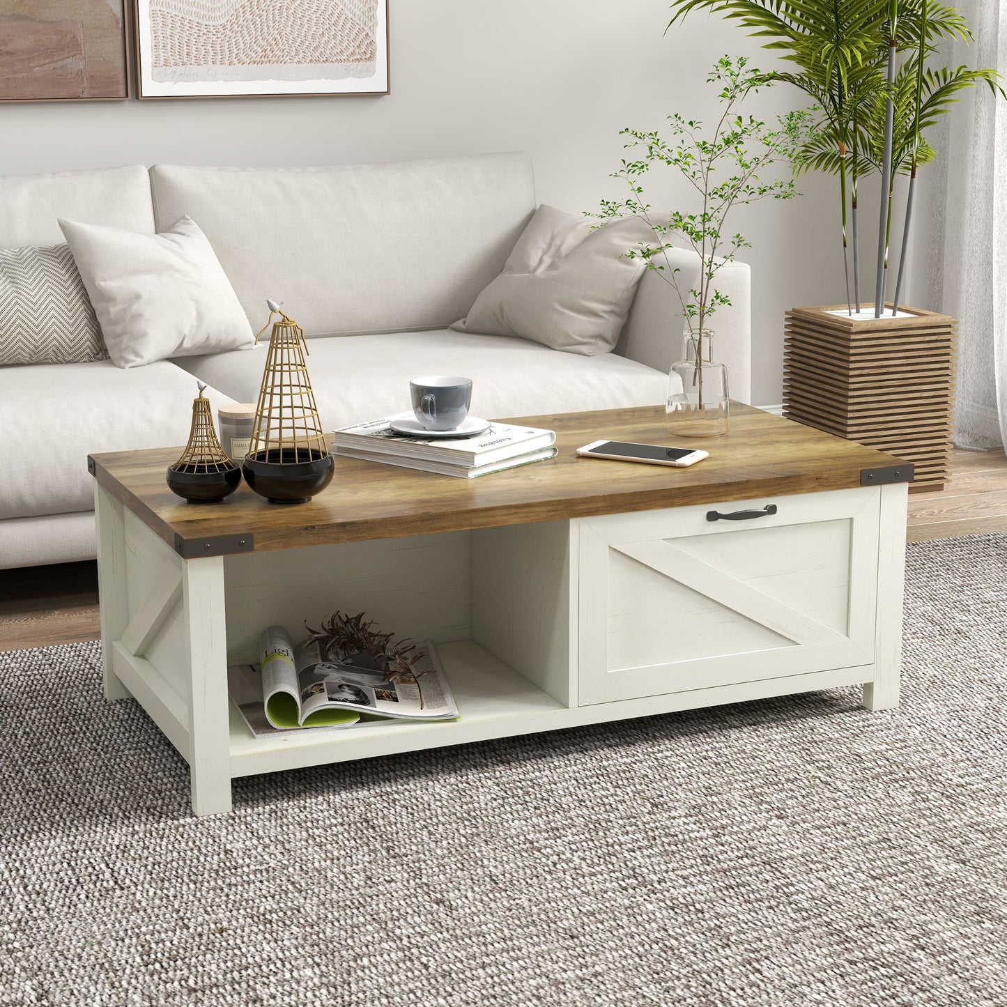 Industrial Coffee Table Side End Table with Drawer, Open Storage Shelf, Modern Farmhouse Furniture, for Living Room, Din