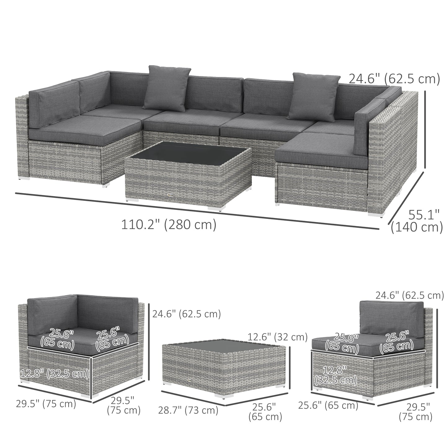 7 Pieces Patio Furniture Set, Rattan Conversation Set Garden Wicker Sofa Set with Washable Cushions and Coffee Table, Gr