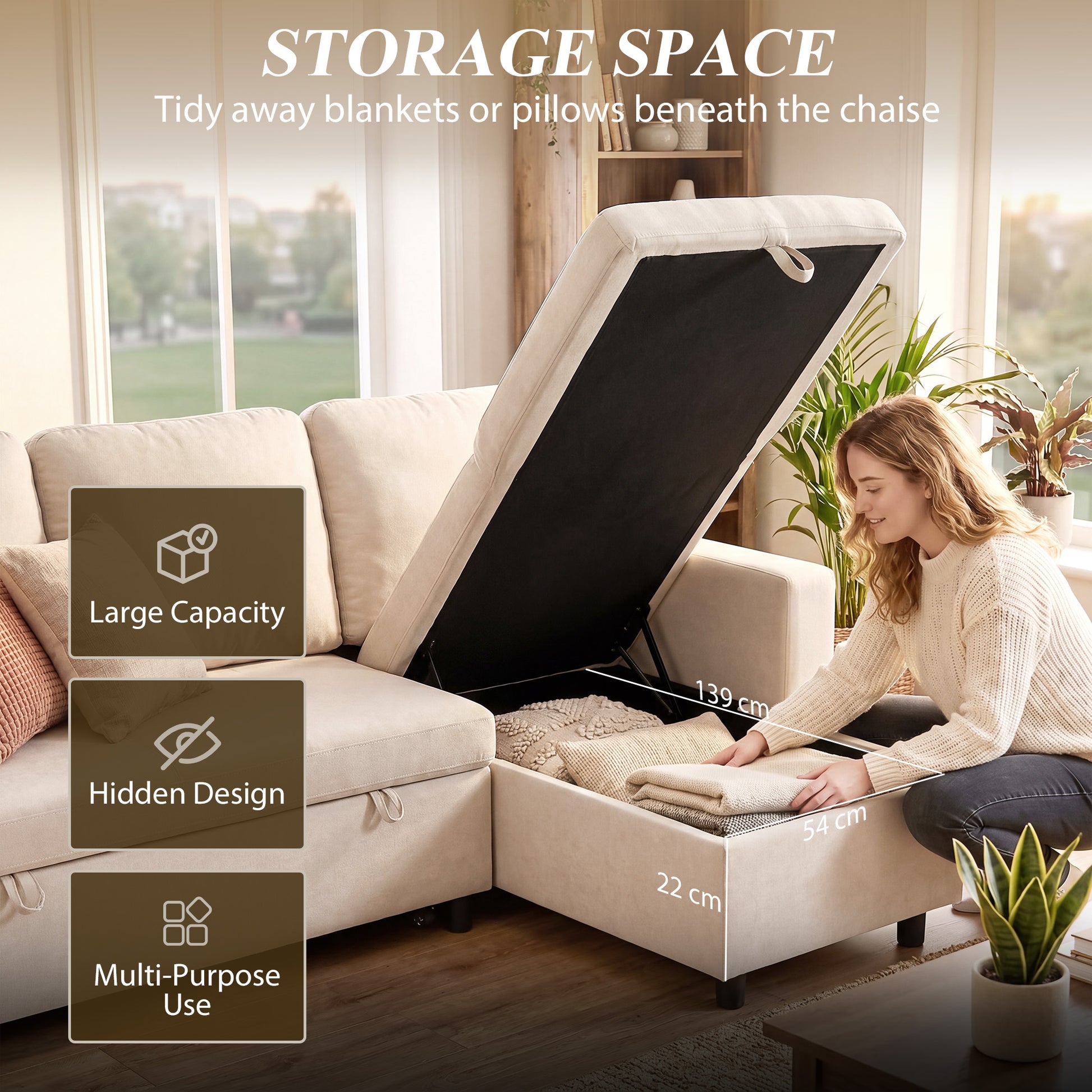 83" Sofa Bed, Pull Out Sleeper L Shaped Sectional Couch with Reversible Storage Chaise, Wide and Deep Seat, Cream White