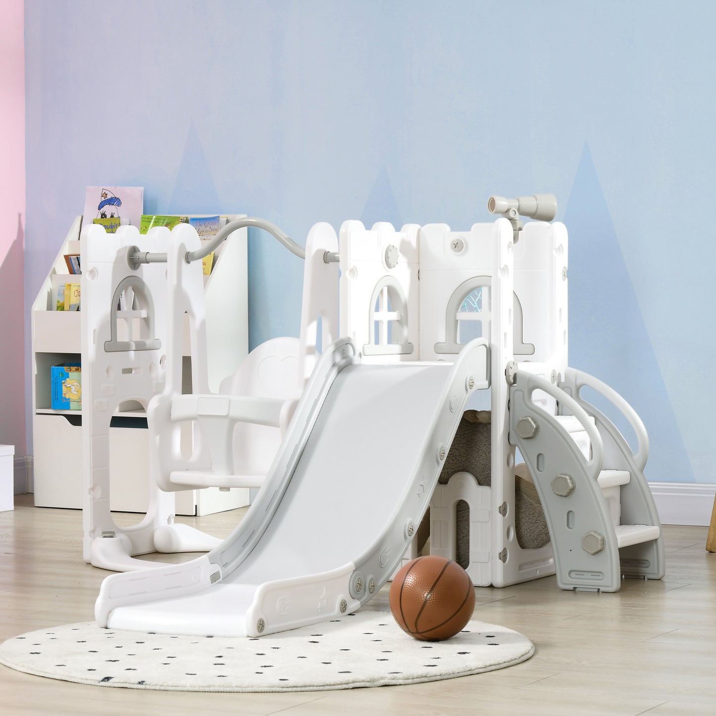 Qaba 6-in-1 Slide and Swing Set Baby Swing Playset Indoor with Basketball Hoop, Climber, Storage Space, Telescope, Grey