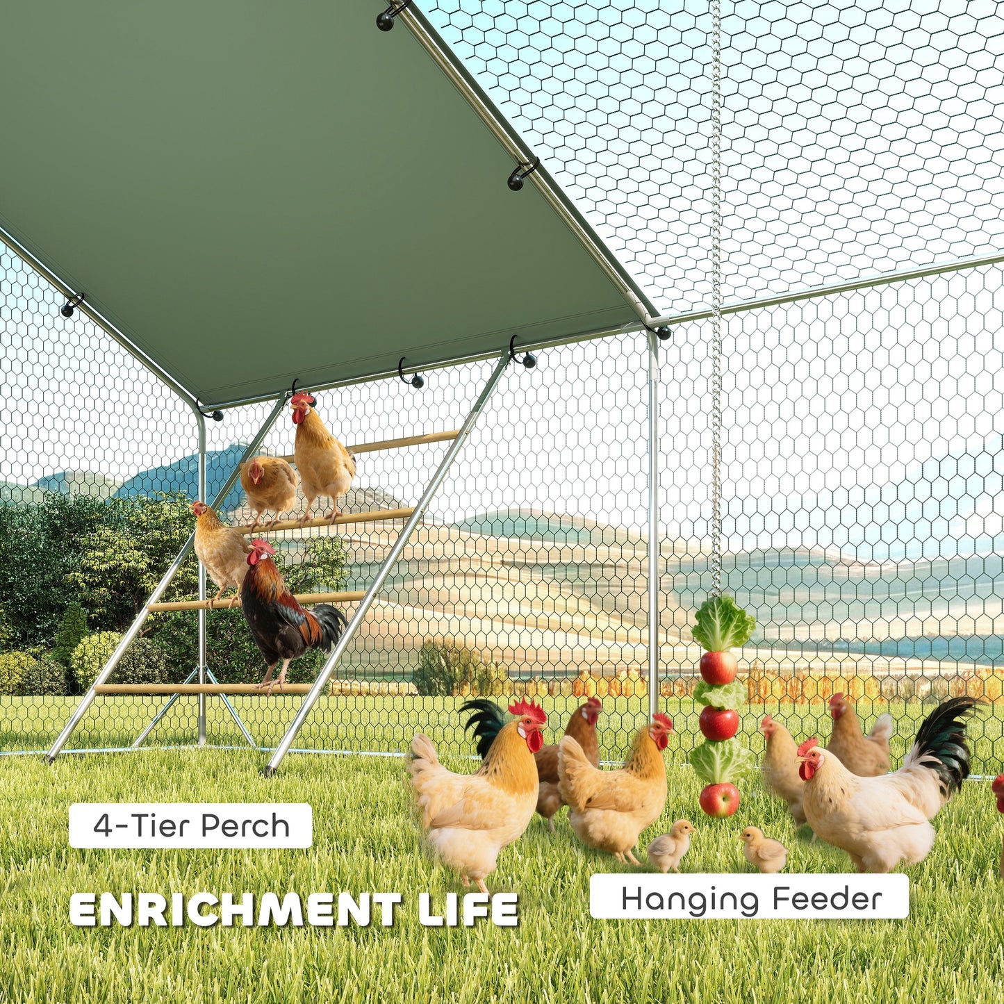 Large Metal Chicken Run with Waterproof & UV-Resistant Cover, Feeding Door, Hanging Feeder, Perch, for 24-30 Chickens