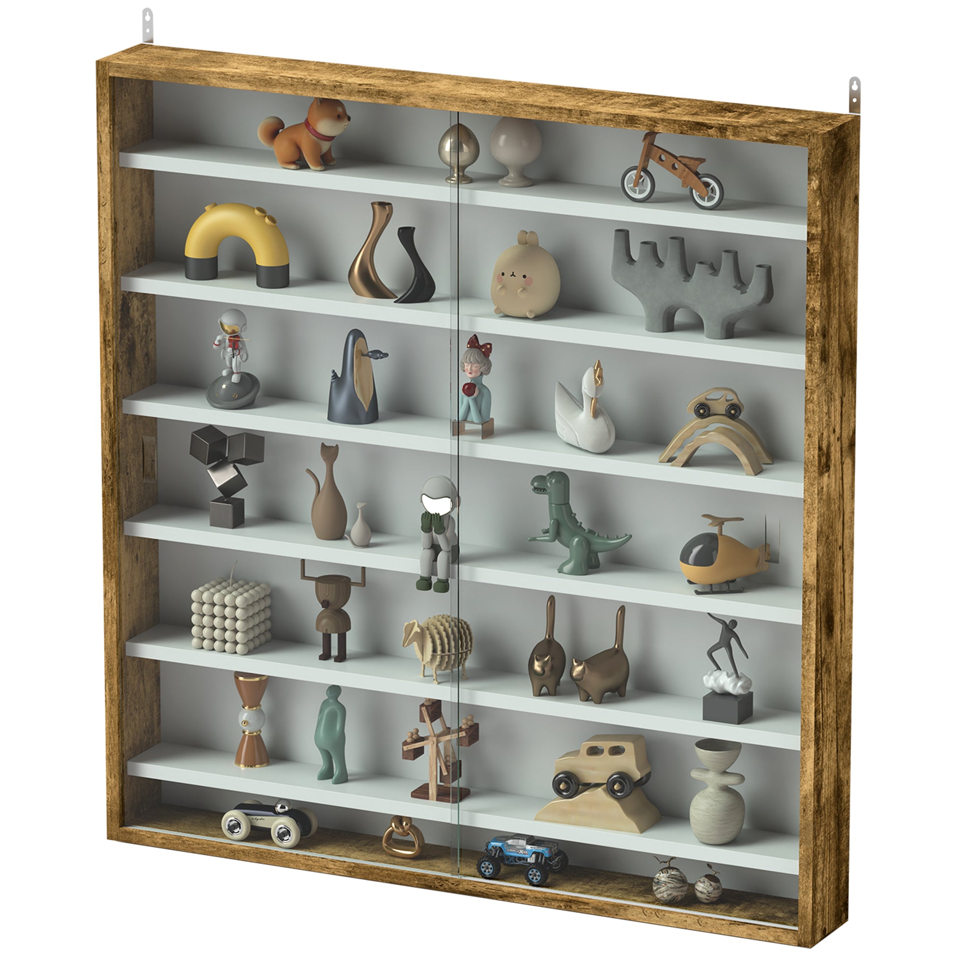 7-Tier Display Cabinet, Shot Glass Display Case, Glass Curio Cabinet with 2 Glass Doors and 6 Adjustable Shelves, Rustic