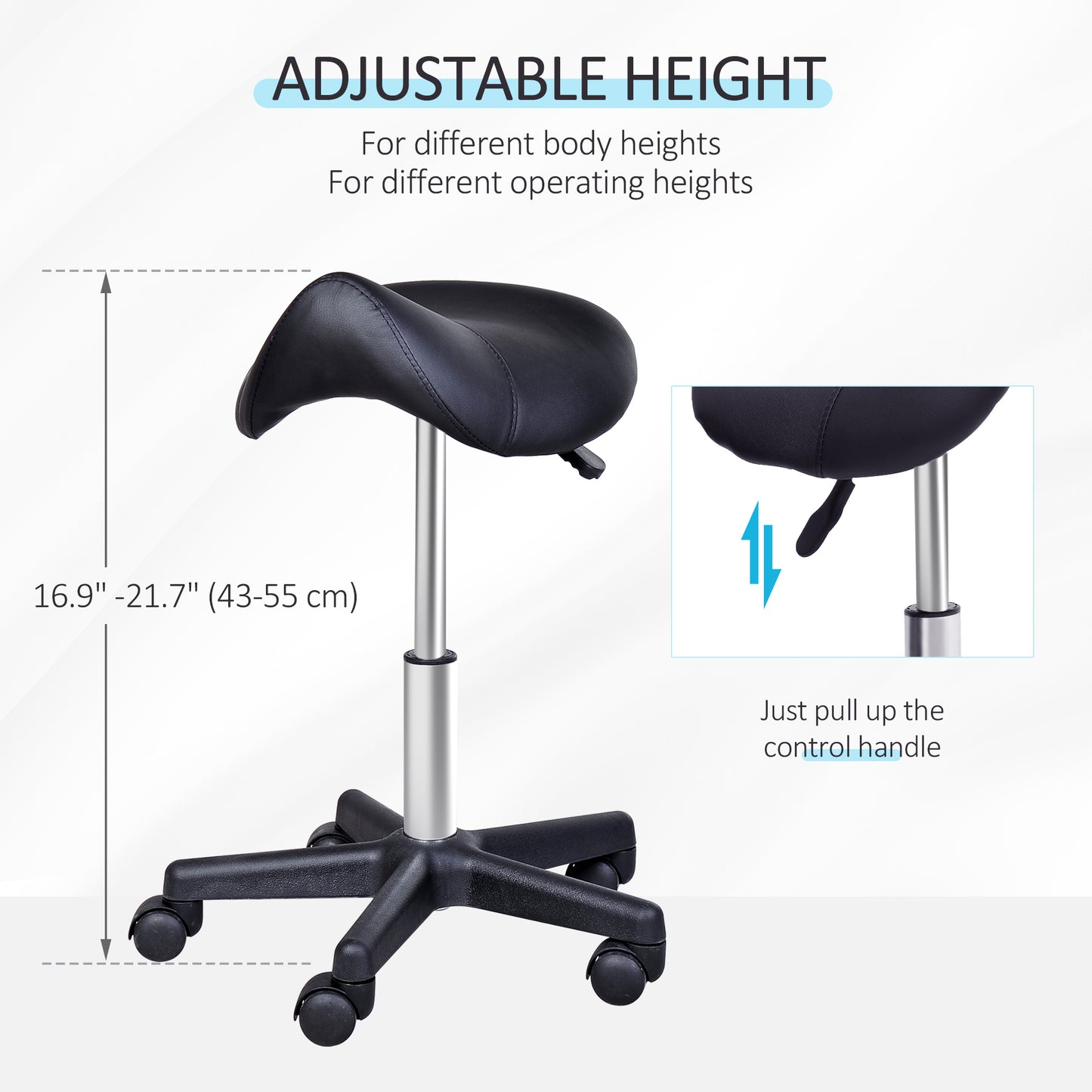 Saddle Stool, PU Leather Rolling Stool with Wheels, Adjustable Salon Chair for Kitchen, Salon Spa, Bar, Home Office, Mas