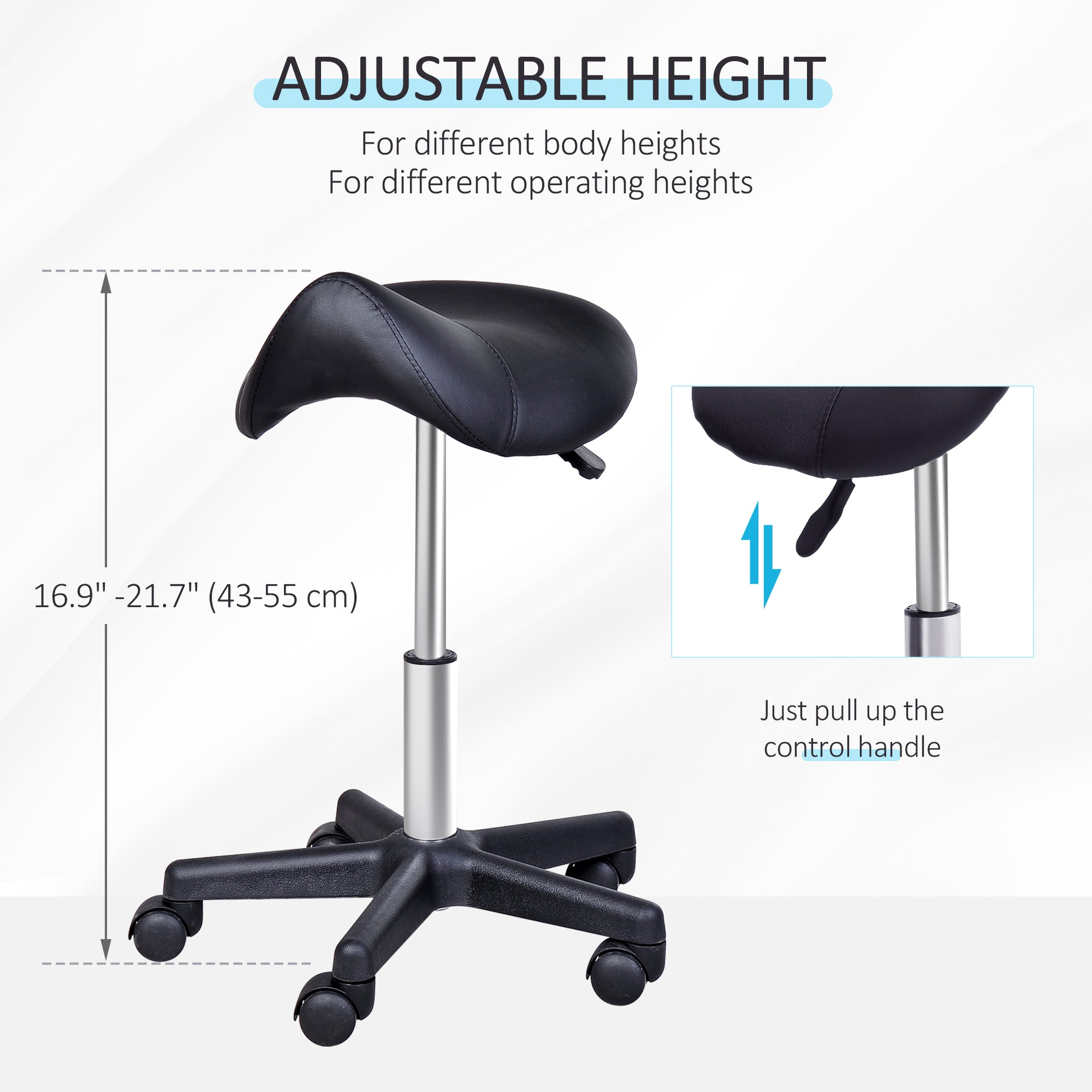 Saddle Stool, PU Leather Rolling Stool with Wheels, Adjustable Salon Chair for Kitchen, Salon Spa, Bar, Home Office, Mas