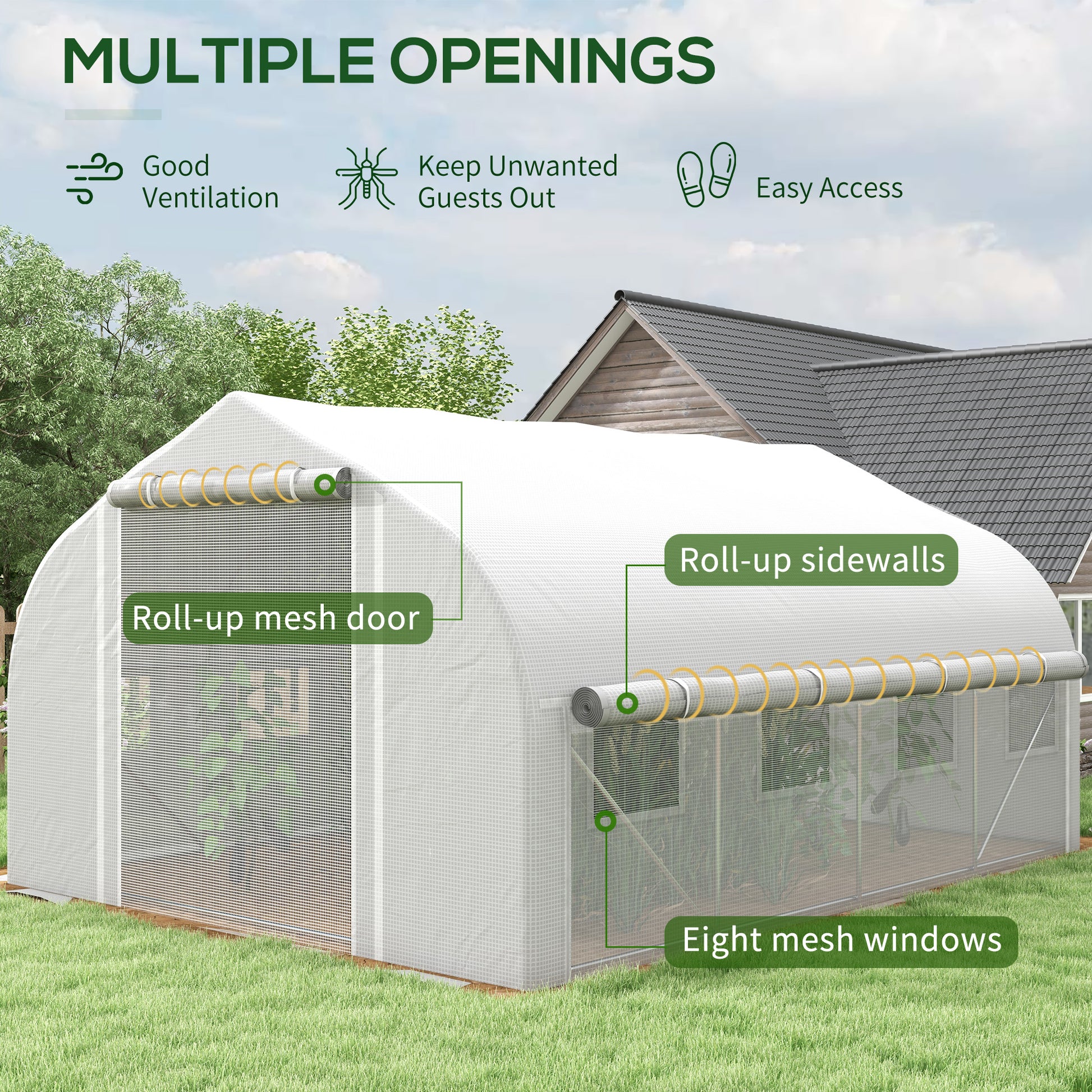 13 x 9.8ft Walk-in Polytunnel Greenhouse, Zipped Roll Up Sidewalls, Mesh Door, 8 Mesh Windows, Plant Labels and Gloves, 