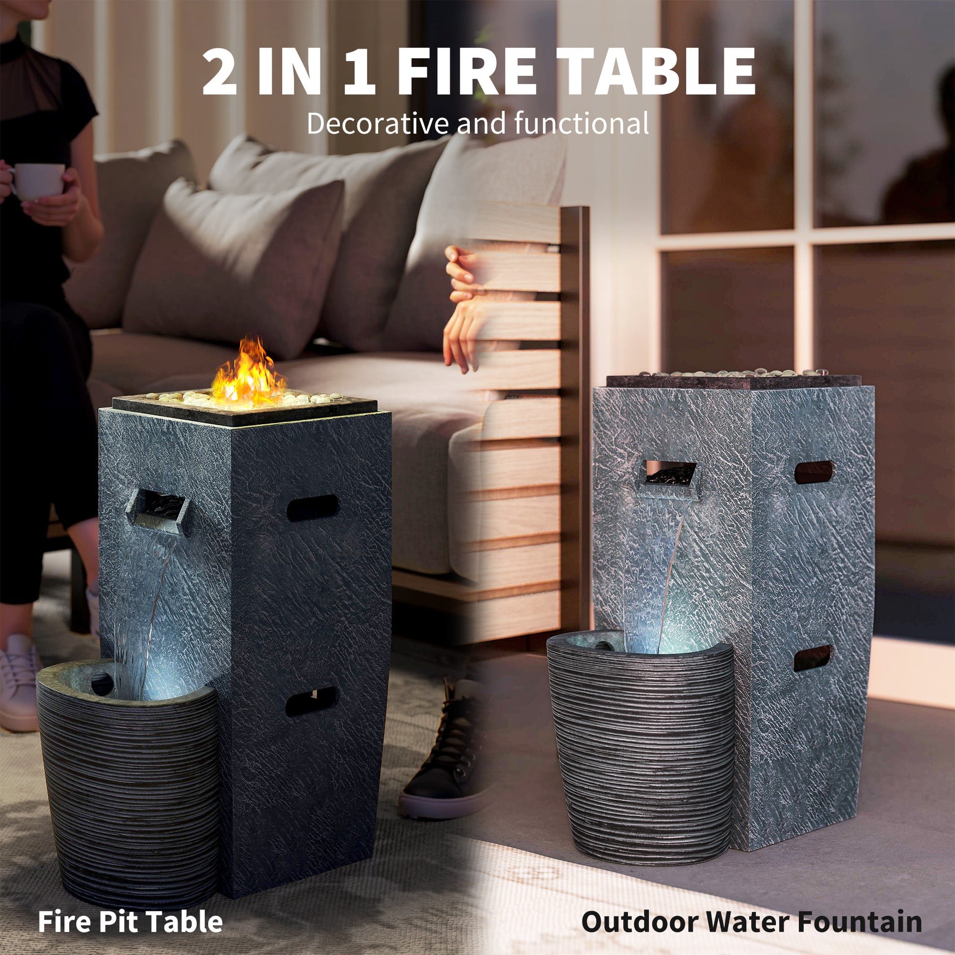 16.5" x 11" x 22.4" Propane Fire Pit Table with Fountain, 15000 BTU Outdoor Gas Fire Table with LED Light Adjustable Wat