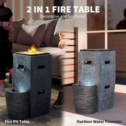 16.5" x 11" x 22.4" Propane Fire Pit Table with Fountain, 15000 BTU Outdoor Gas Fire Table with LED Light Adjustable Wat