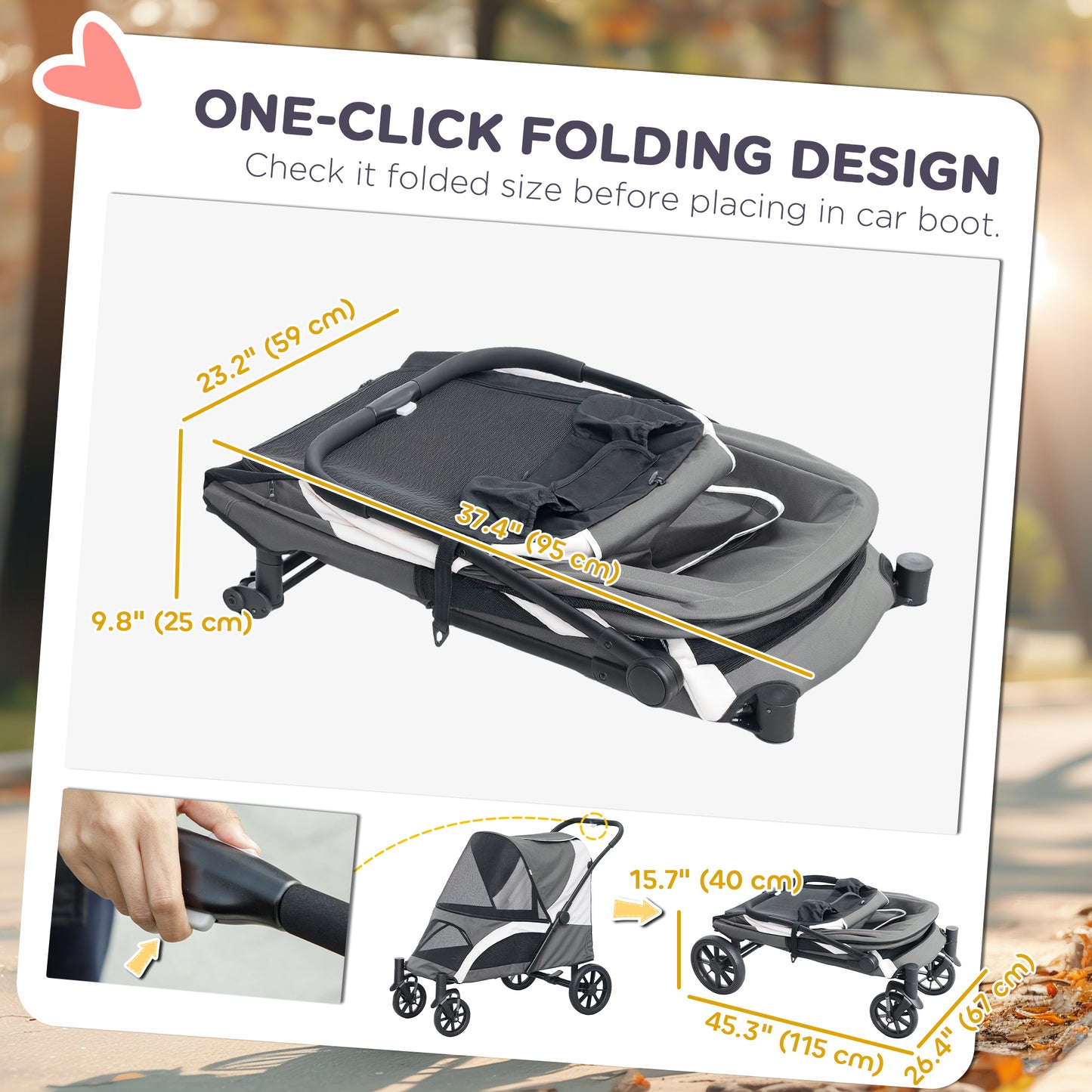 Foldable Pet Stroller for Medium Dogs with Four Big Wheels, Shock-Absorbing Frame, Safety Leashes, Brakes, Dark Grey