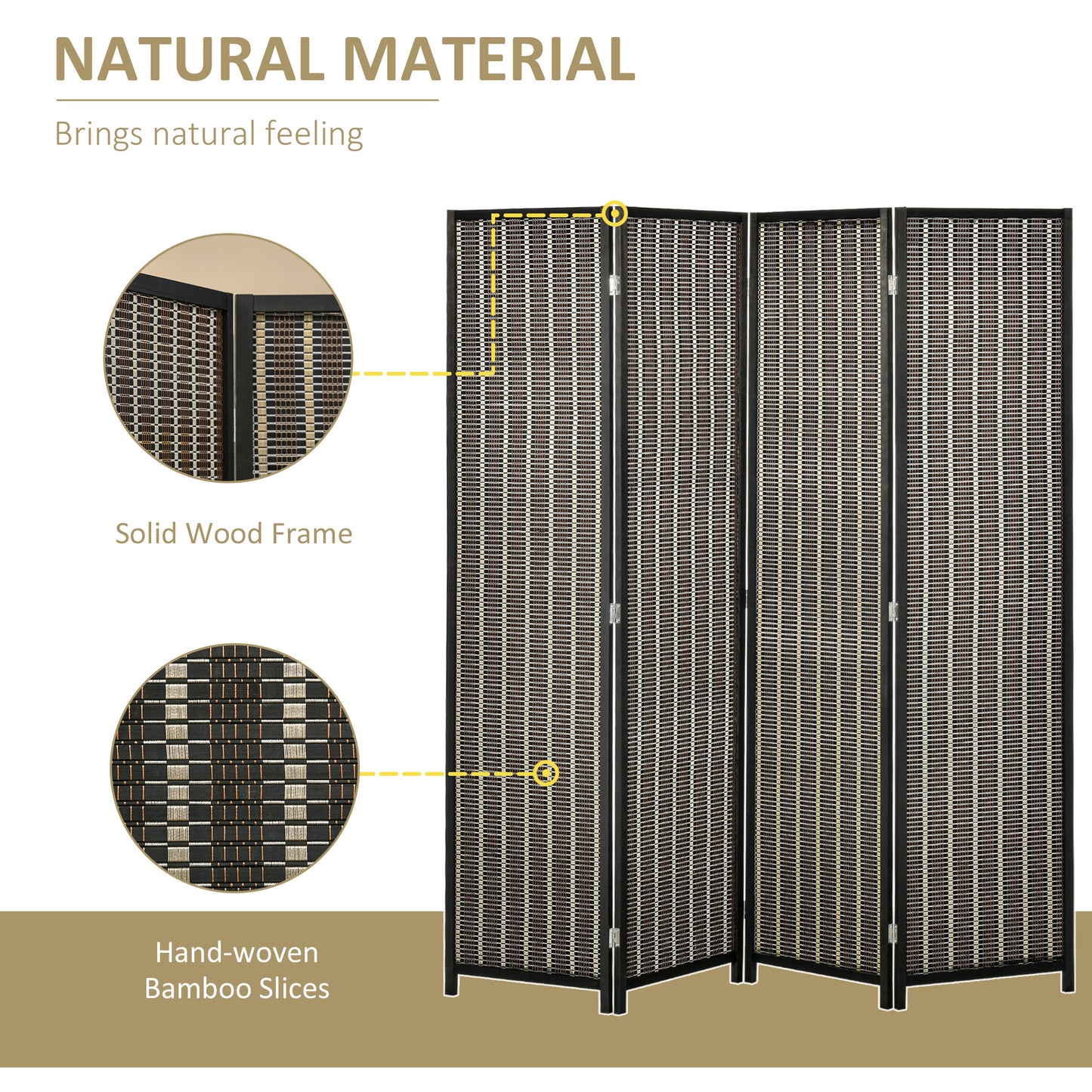 4 Panel Room Divider, 6 Ft Tall Indoor Portable Folding Privacy Screens, Bamboo Hand-Woven Freestanding Partition Wall D