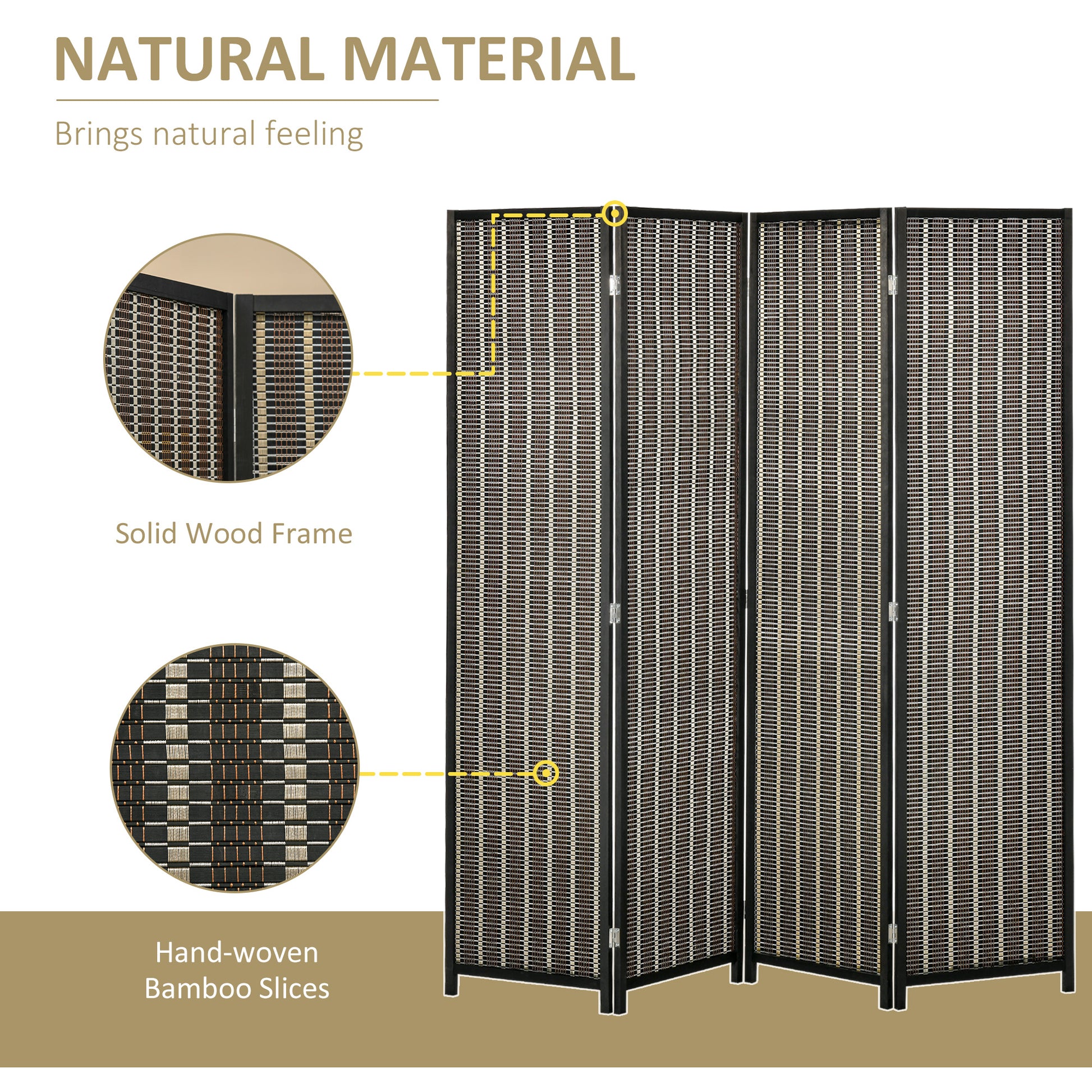 4 Panel Room Divider, 6 Ft Tall Indoor Portable Folding Privacy Screens, Bamboo Hand-Woven Freestanding Partition Wall D
