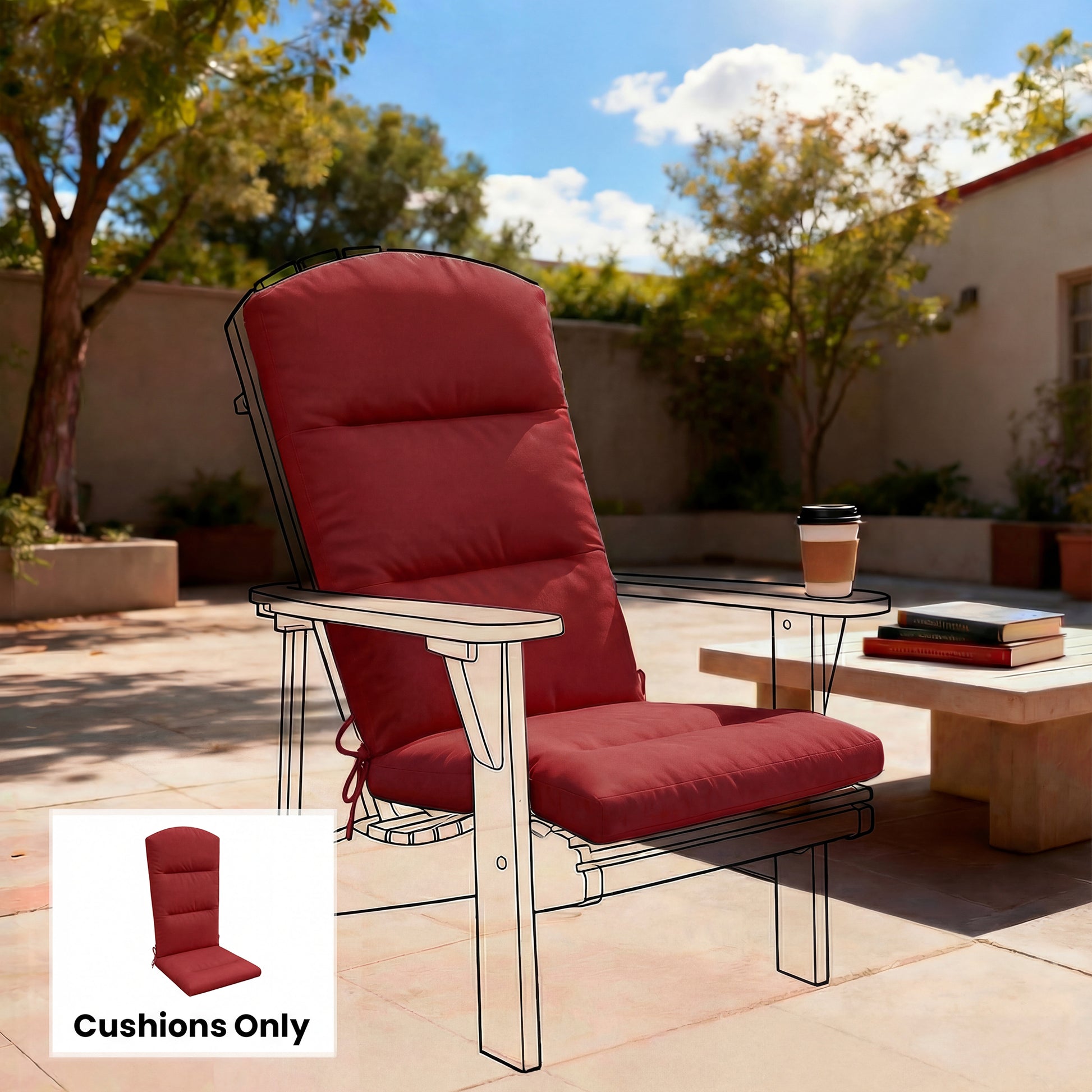 Patio Chair Cushion for Adirondack Chairs Replacement Cushion with Back and Ties, Wine Red
