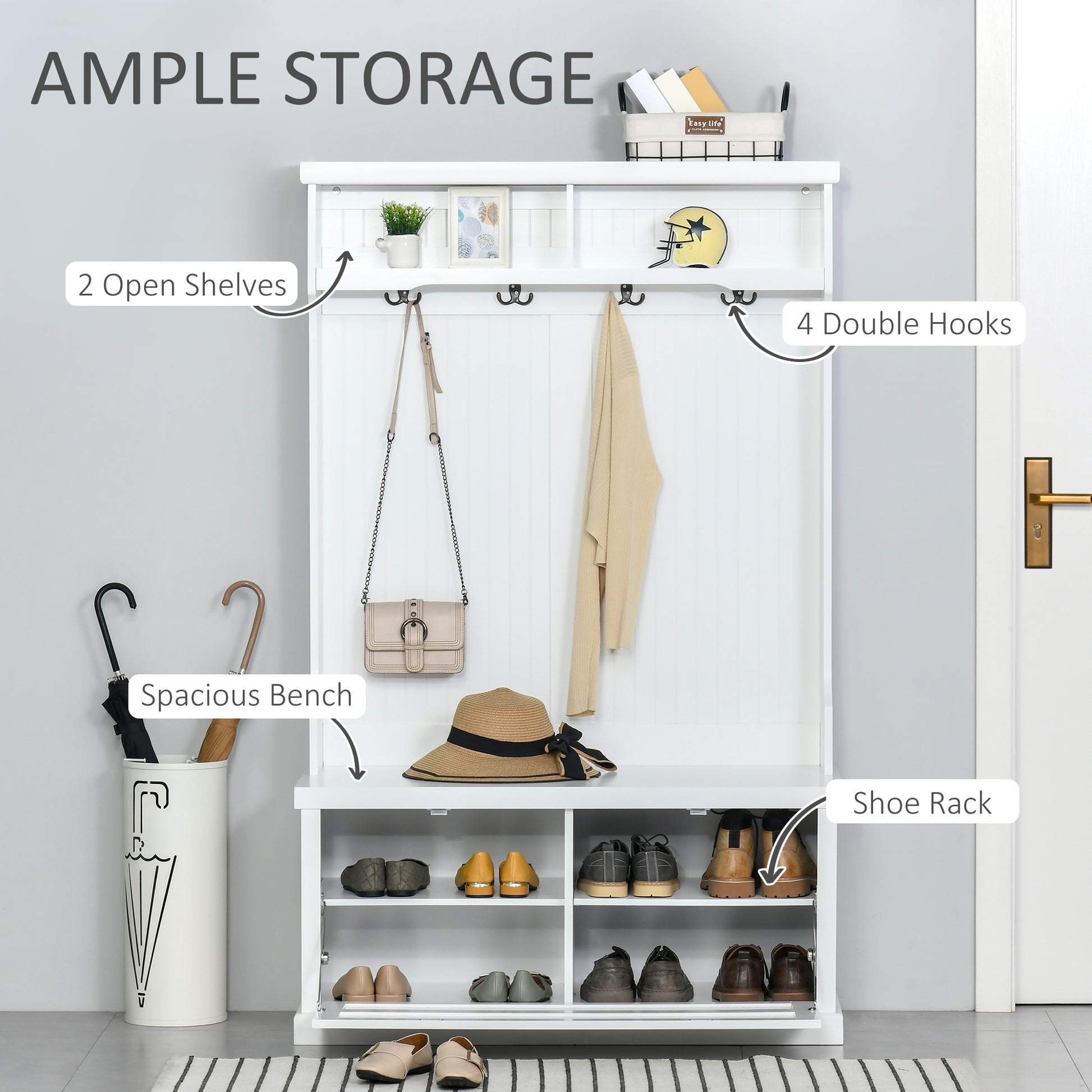 64.5" H Hall Tree with Storage Drawer & Top Shelf, Coat Rack Wooden Entryway Storage Bench Hall Tree Hallway Clothes Bag