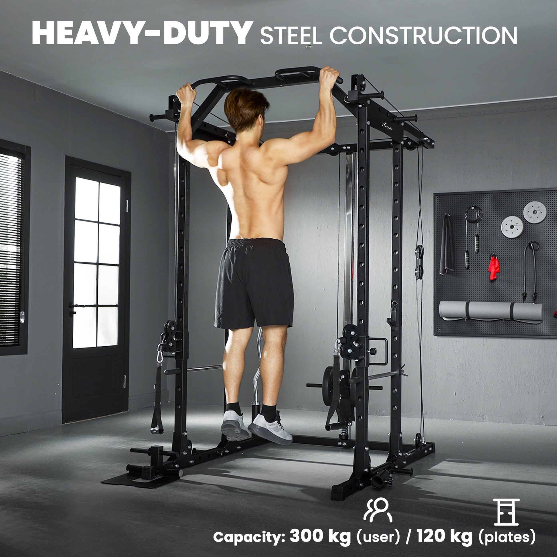 Soozier Multi-Functional Power Rack, Smith Machine Cable Crossover System with Pull Up Bar, Lat-Pull Down System, Landmi