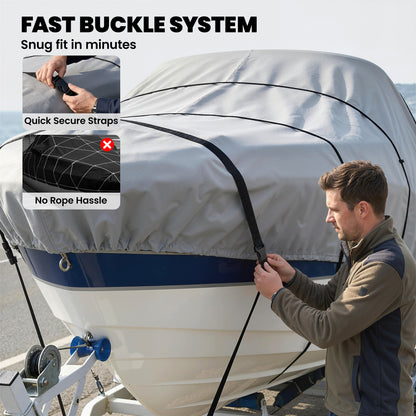 22-24 Ft Trailer Boat Cover, 3000mm Waterproof Universal Boat Cover with Quick-Fasten Buckles, Light Grey