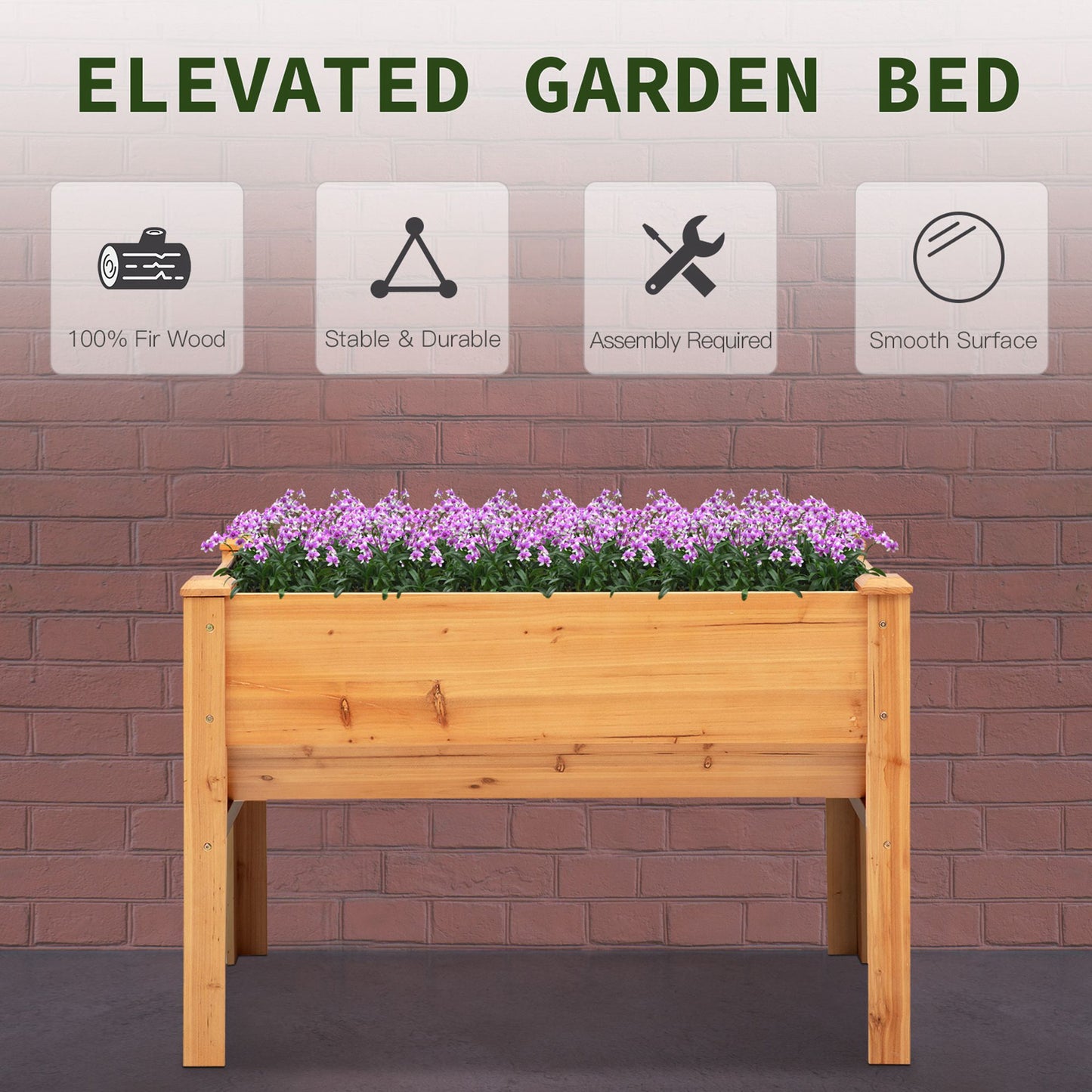 Wooden Raised Garden Plant Stand Outdoor Tall Flower Bed Box with Hooks, 48" x 24" x 32", Nature Wood