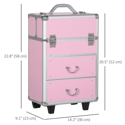 Rolling Makeup Train Case, Large Storage Cosmetic Trolley, Lockable Traveling Cart Trunk with Folding Trays, Swivel Whee