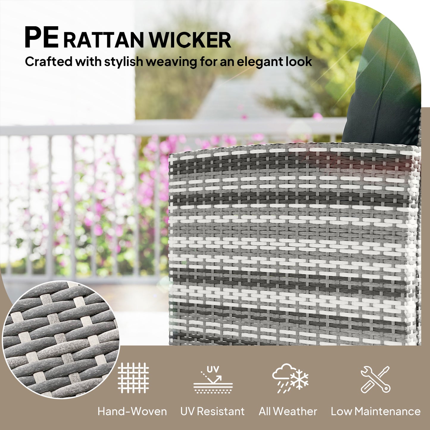 5 Piece Patio Furniture Set, Wicker Patio Chairs with Ottomans, 2-Tier Glass Coffee Table and Cushions, Grey/Dark Grey