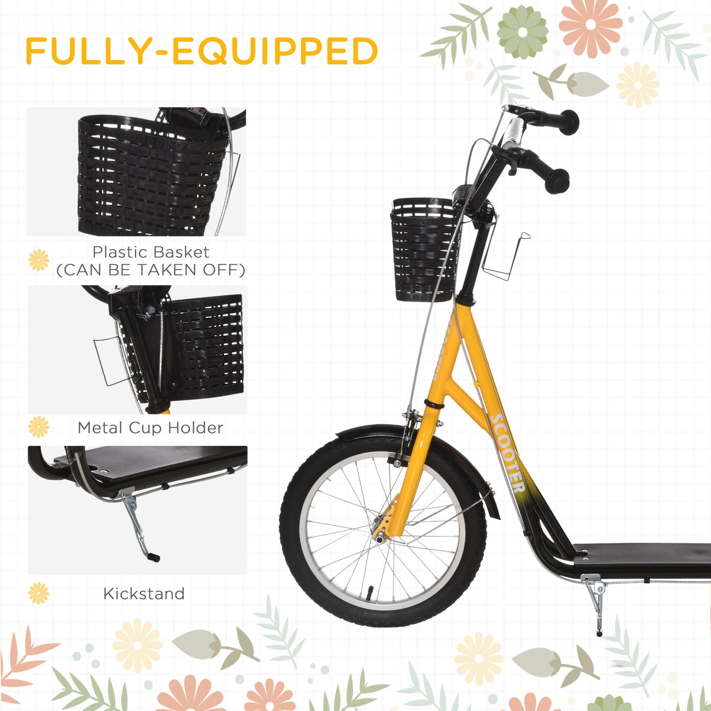 VarietyKart Kick Scooter with Adjustable Handlebar, Kids Scooter with 2 Brakes Basket Cupholder 16" Inflatable Rubber Ty