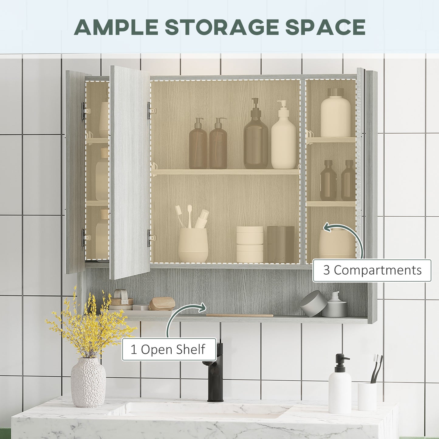 Wall Mounted Bathroom Medicine Cabinet with Mirror and Adjustable Shelves, Grey