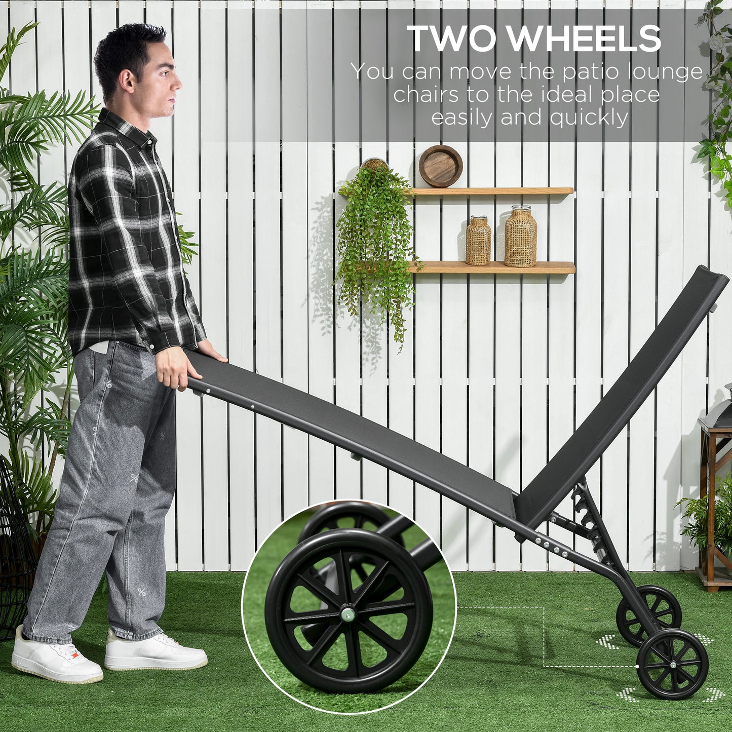 2PCs Lounge Chairs with Wheels, 5-Level Adjustable Backrest for Garden, Backyard, Patio, Deck, Poolside, White