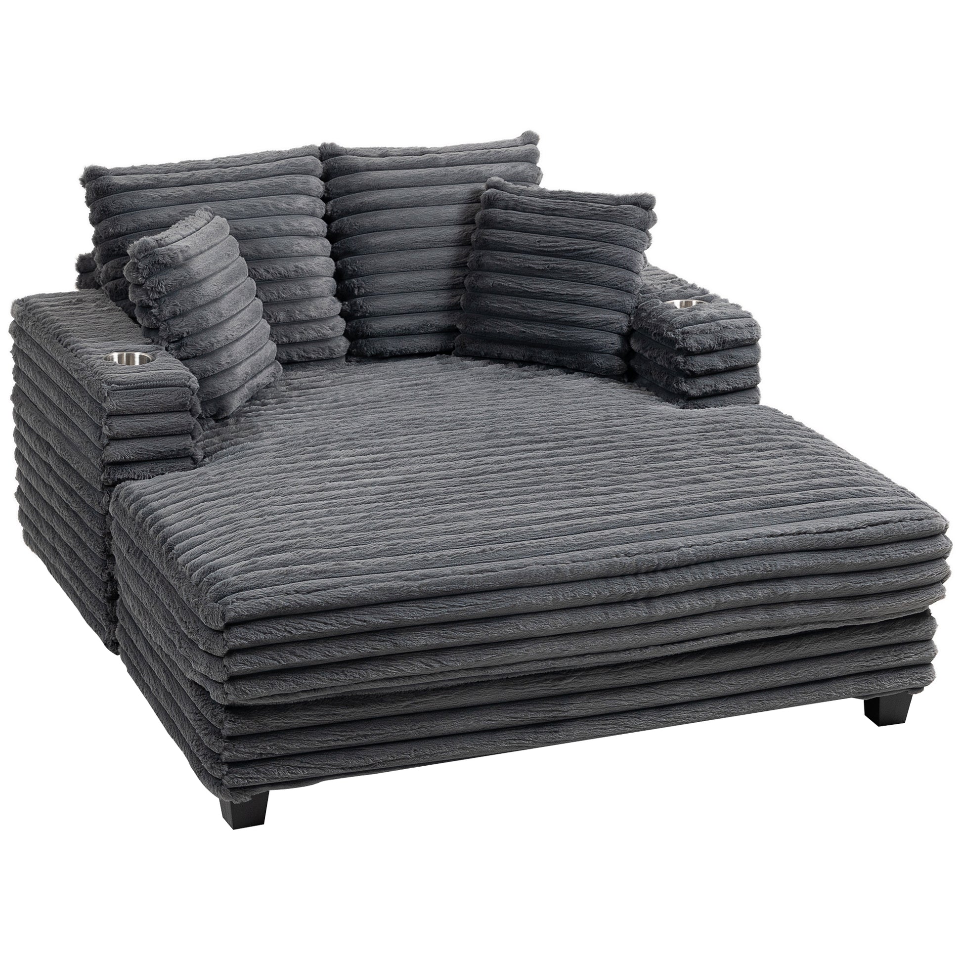 60" Chaise Lounge Chair, Oversized Upholstered Sofa Bed with Cup Holders & Pillows, Sleeper Couch for Living Room, Grey