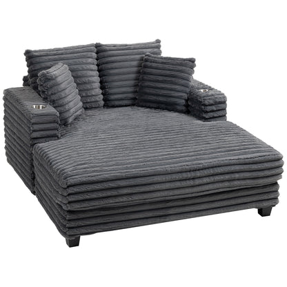 60" Chaise Lounge Chair, Oversized Upholstered Sofa Bed with Cup Holders & Pillows, Sleeper Couch for Living Room, Grey
