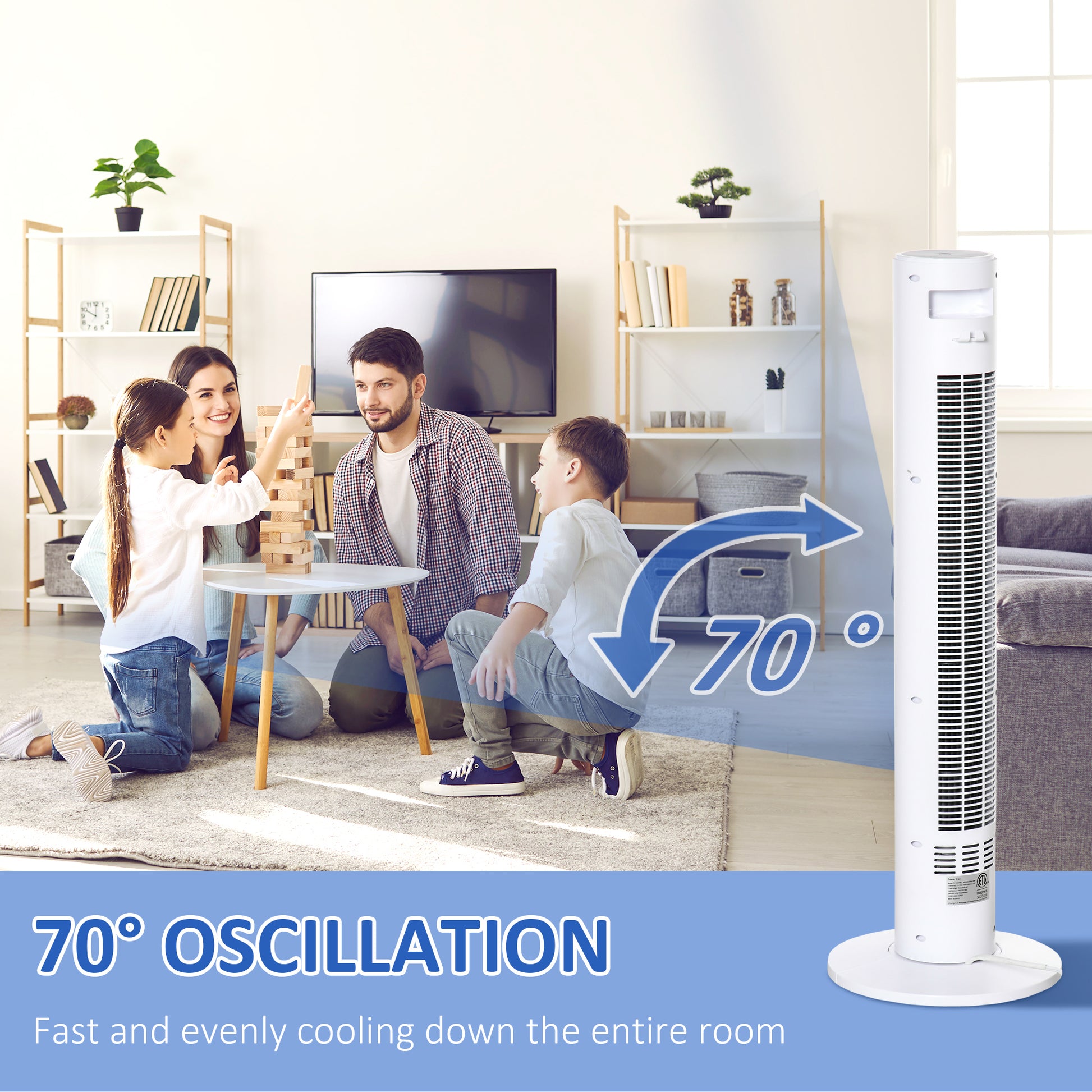 Freestanding Tower Fan Cooling for Home Bedroom with 3 Speed, 12h Timer, Oscillating, LED Sensor Panel, Remote Controlle