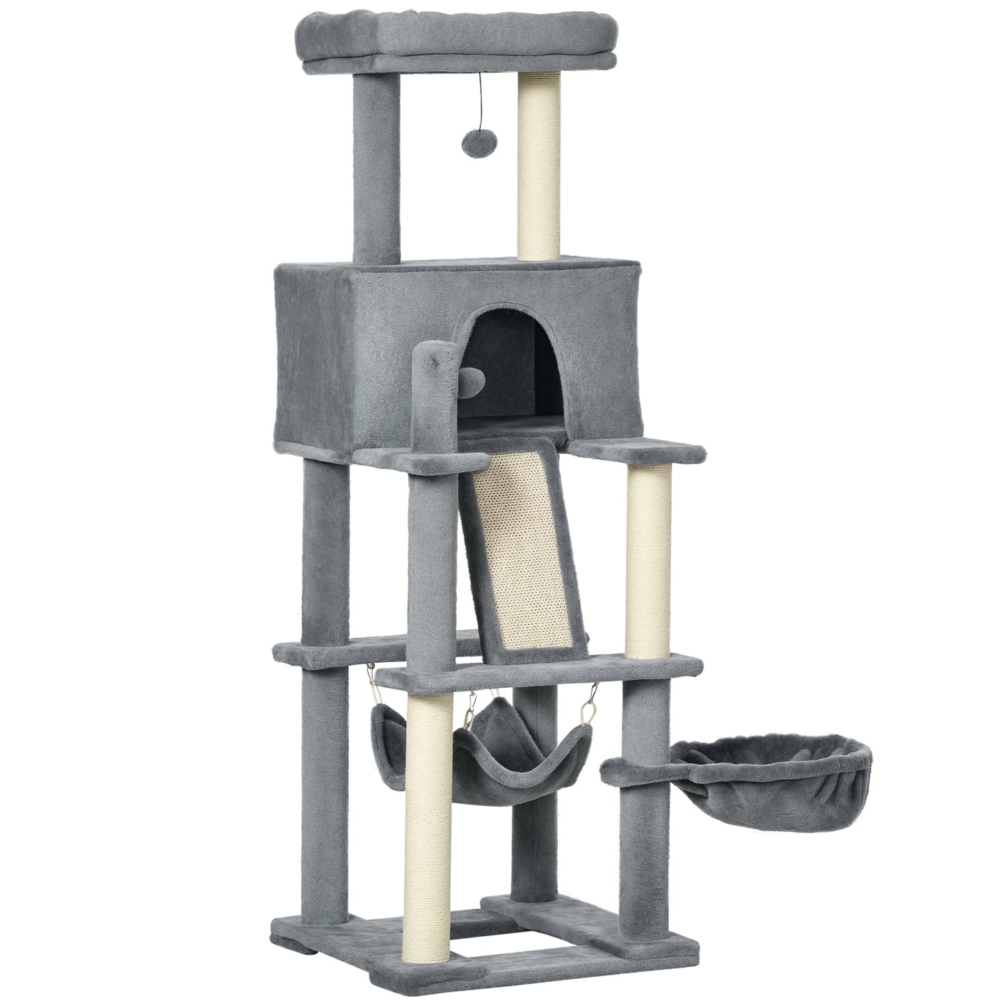 55" Cat Tree for Indoor Cats, Cat Tower, Kitty Activity Center with Cat Bed Ramp Condo Hammocks Hanging Ball Toys Sisal 