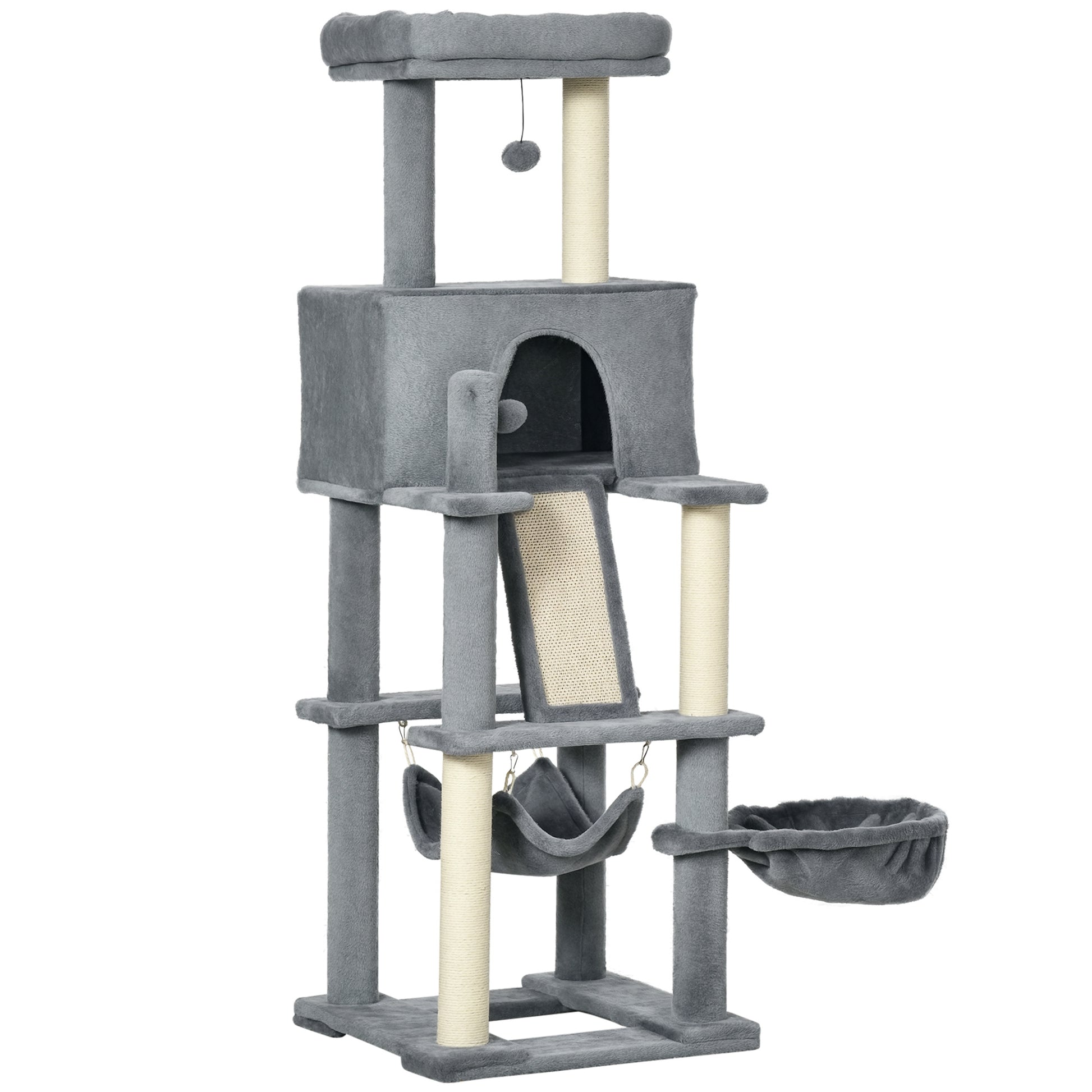 55" Cat Tree for Indoor Cats, Cat Tower, Kitty Activity Center with Cat Bed Ramp Condo Hammocks Hanging Ball Toys Sisal 