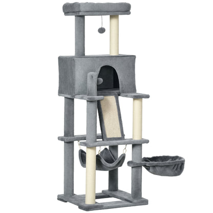 55" Cat Tree for Indoor Cats, Cat Tower, Kitty Activity Center with Cat Bed Ramp Condo Hammocks Hanging Ball Toys Sisal 