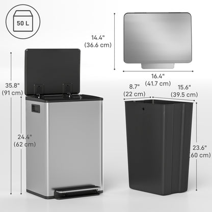 Trash Can with Soft-Close Lid, Garbage Can with Removable Inner Bucket for Kitchen 13.2 gal/50 L, Silver