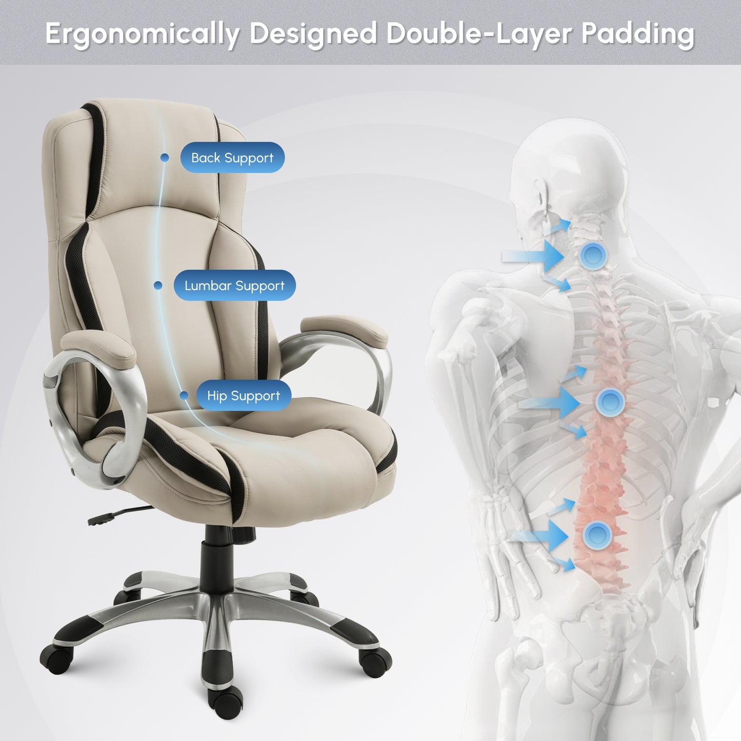 Ergonomic Office Chair PU Leather Executive on Rolling Wheels Task Computer Height Adjustable Swivel Ergonomic, Greige a
