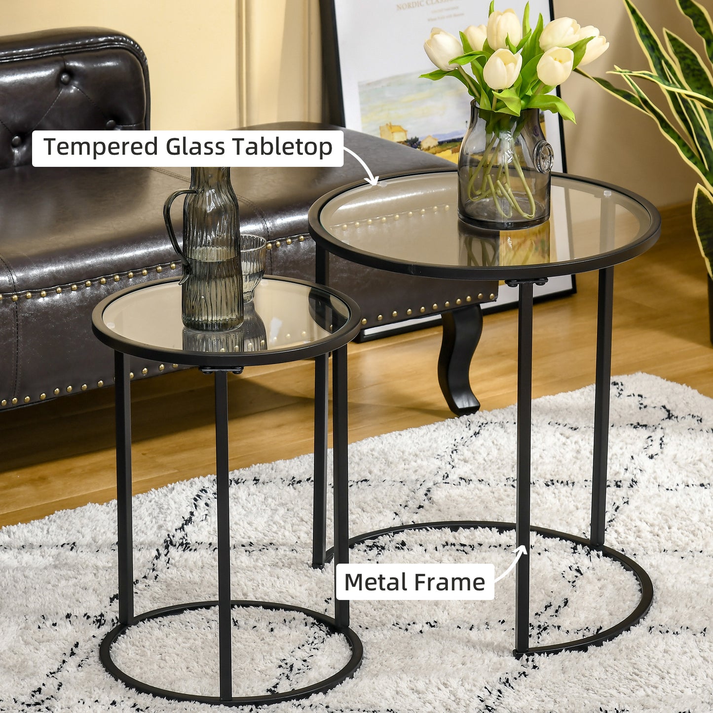 Set of 2 Nesting Coffee Tables with Metal Base, Round Side Table with Tempered Glass Tabletop for Living Room, Bedroom, 