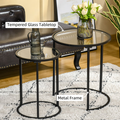 Set of 2 Nesting Coffee Tables with Metal Base, Round Side Table with Tempered Glass Tabletop for Living Room, Bedroom, 