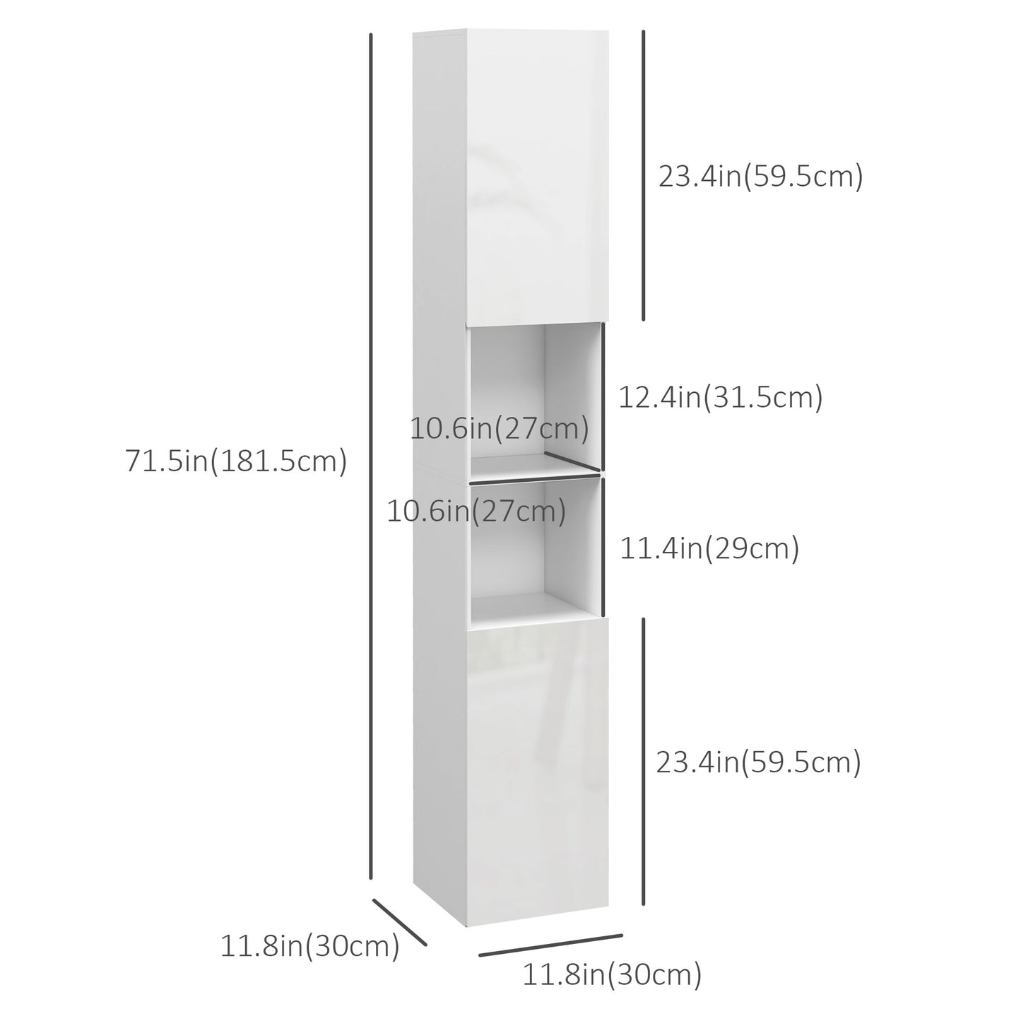Tall Bathroom Cabinet, High Gloss Storage Cabinet with Doors and Adjustable Shelves, 11.8" x 11.8" x 71.5", White