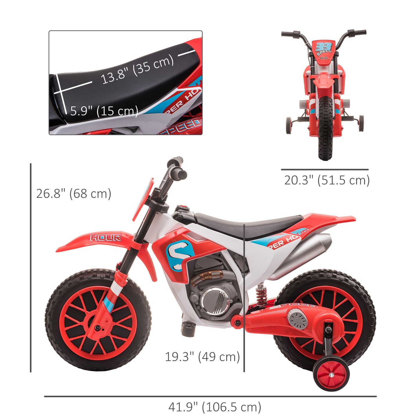 VarietyKart Kids Dirt Bike 12V Battery-Powered Ride-On Electric Motorcycle with Charging Battery, Training Wheels Red