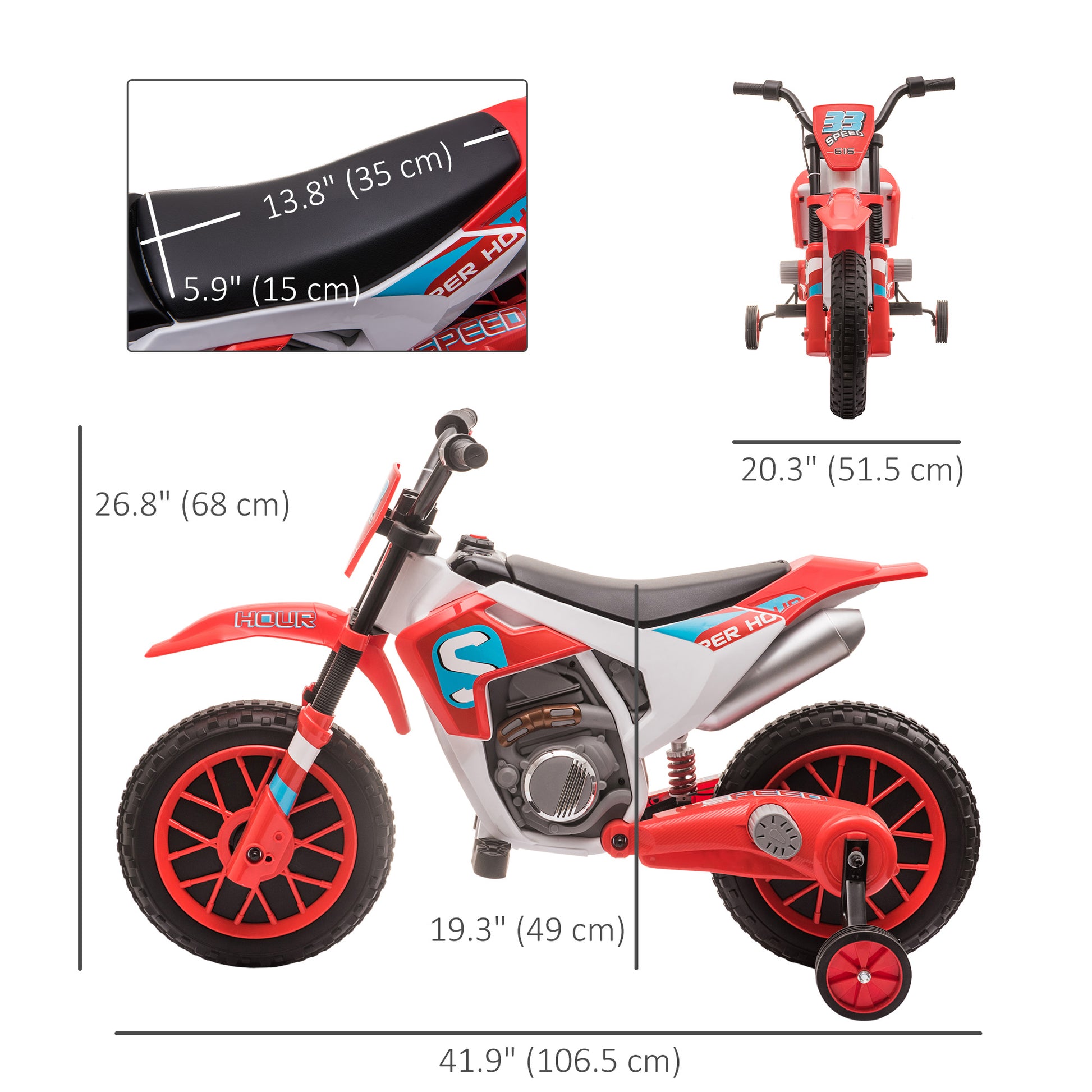 VarietyKart Kids Dirt Bike 12V Battery-Powered Ride-On Electric Motorcycle with Charging Battery, Training Wheels Red