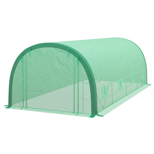 19.5' x 10' x 6.5' Upgraded Tunnel Greenhouse Green House with Mesh Door and Windows, 15 Plant Labels and Gloves, Green