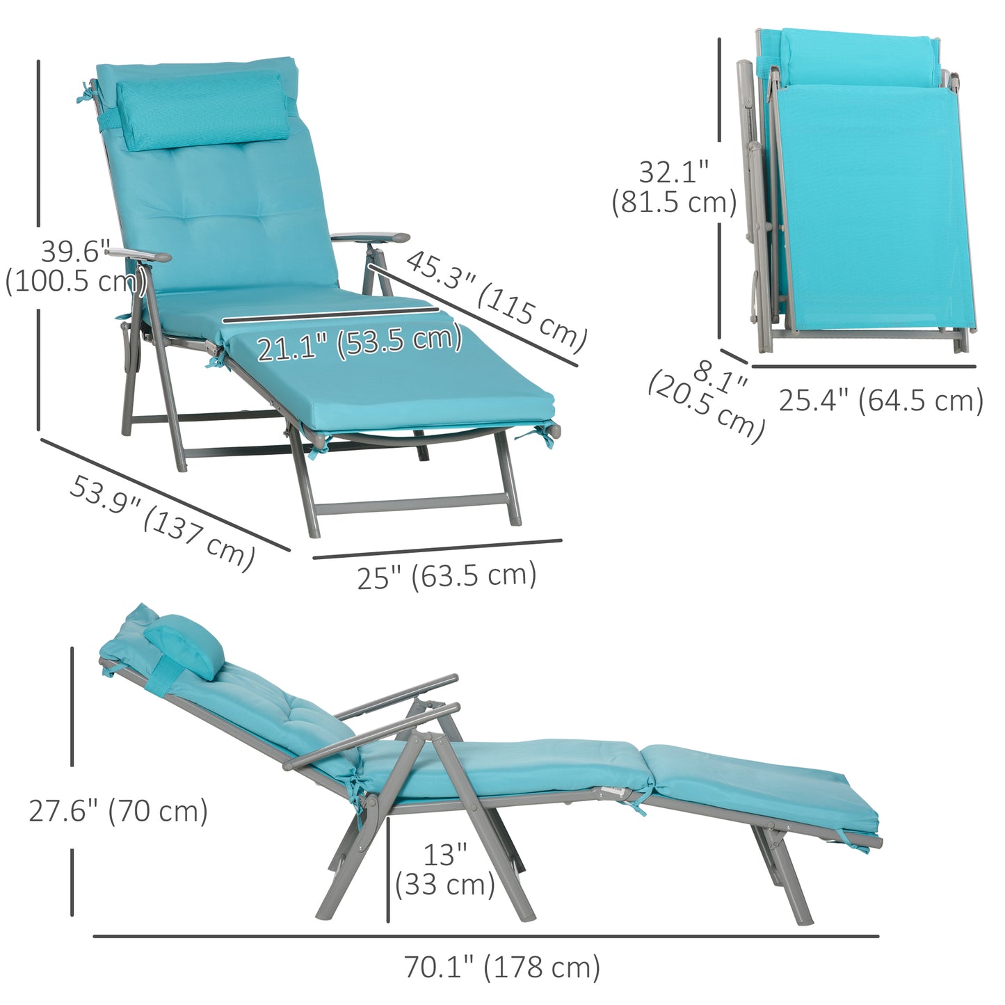Lounge Chair Outdoor, Folding Patio Chaise Lounger, 360 lbs 7-Position Adjustable Back Outdoor Recliner with Cushion, He